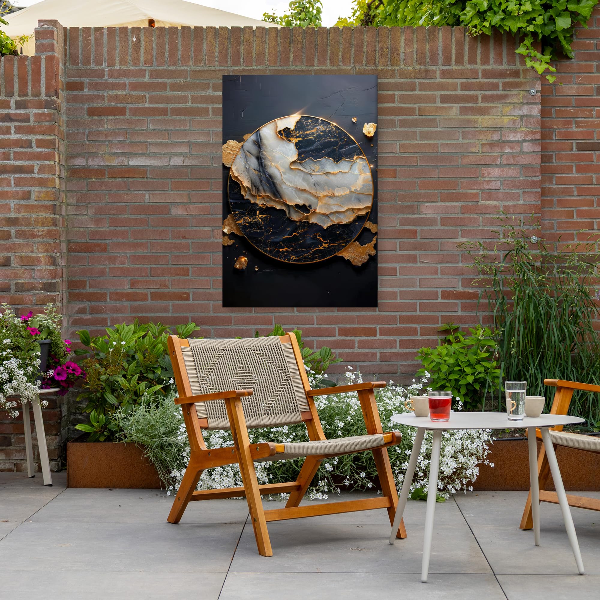 Gartenbilder 80x120 cm Wetterfeste Leinwand Outdoor Bild Terrasse Deko Balkon Wetterfest Gartenposter Foto Geschenk Draußen Kunst - Gold - Schwarz - Modern - Abstrakt