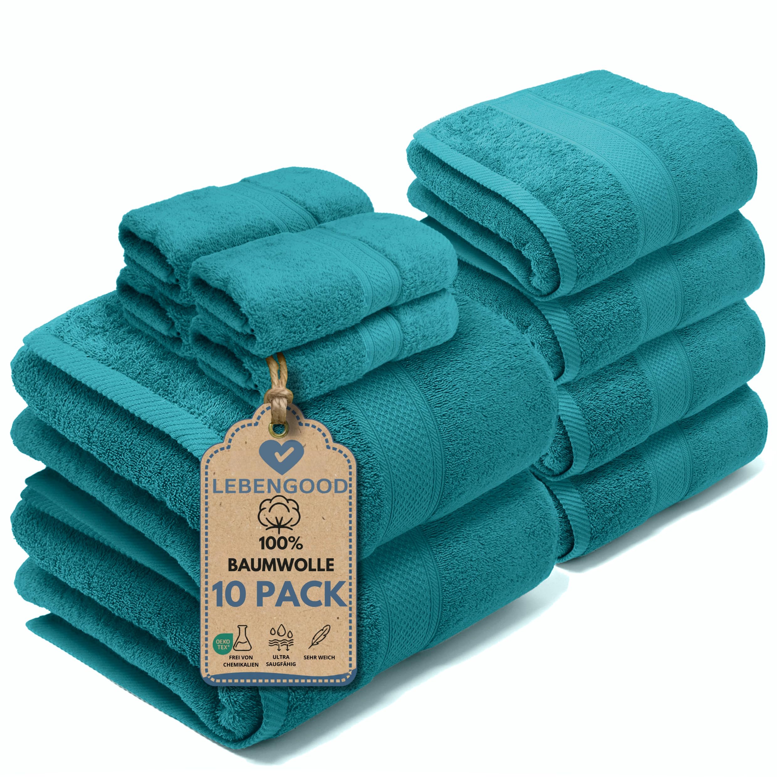 LEBENGOOD Handtuch Set 10-teilig – 100% Baumwolle, Oeko-TEX® Zertifiziert – 2 Badetücher, 4 Handtücher, 4 Waschhandschuhe, Extra weich & Saugfähig – Ideal für Bad, Dusche & Gäste