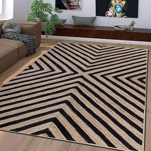 CASAVANI Alfombra trenzada a mano geométrica de yute negro y beige, mejores usos para dormitorio, comedor, sala de oración, ático y cocina, 3 x 5