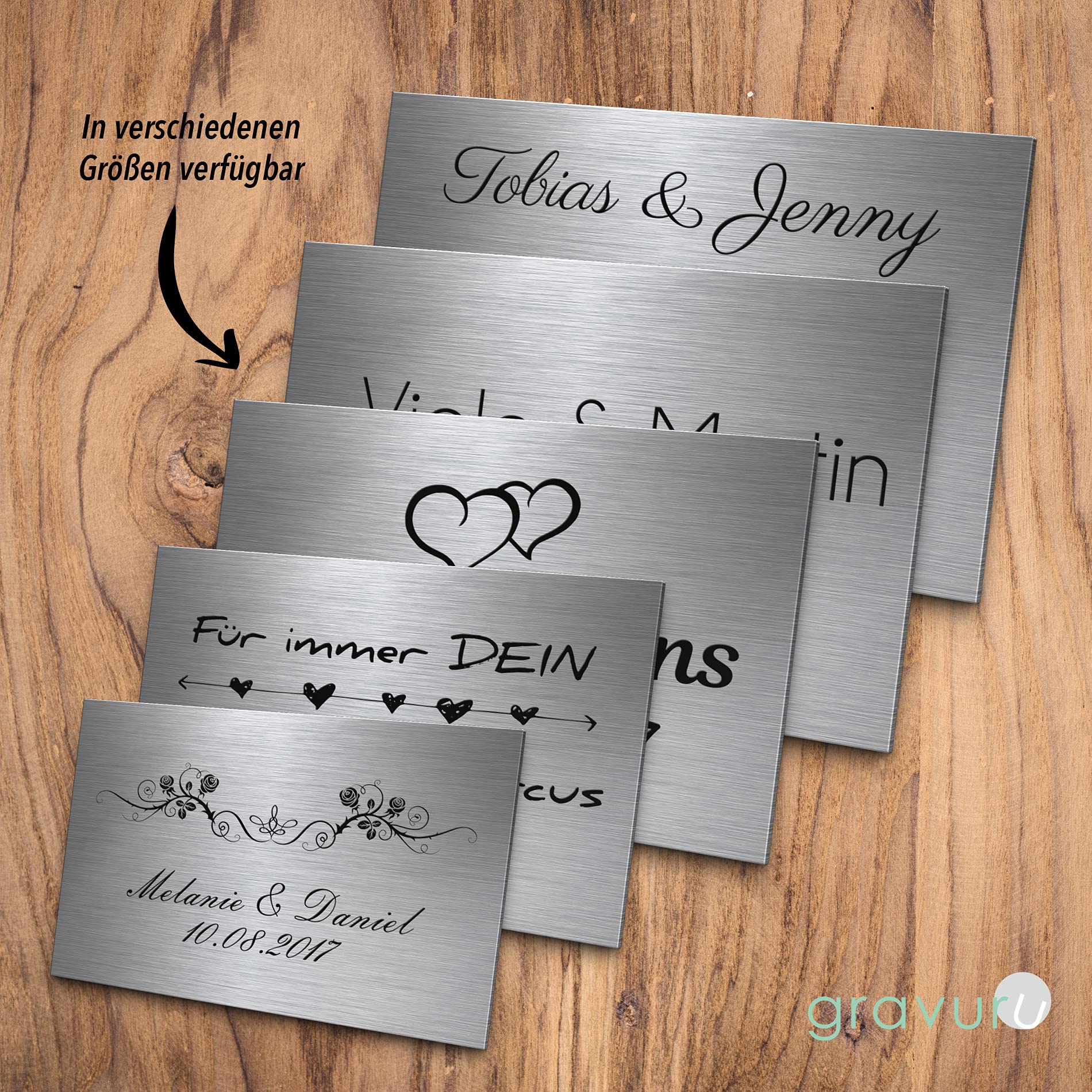 Edelstahl Hochzeitsschilder rechteckig mit Wunsch Gravur zB Name & Spruch & Eheringe Trauringe | Ausgefallene Geschenke Hochzeit viele Motive | Perlenhochzeit Kristallhochzeit