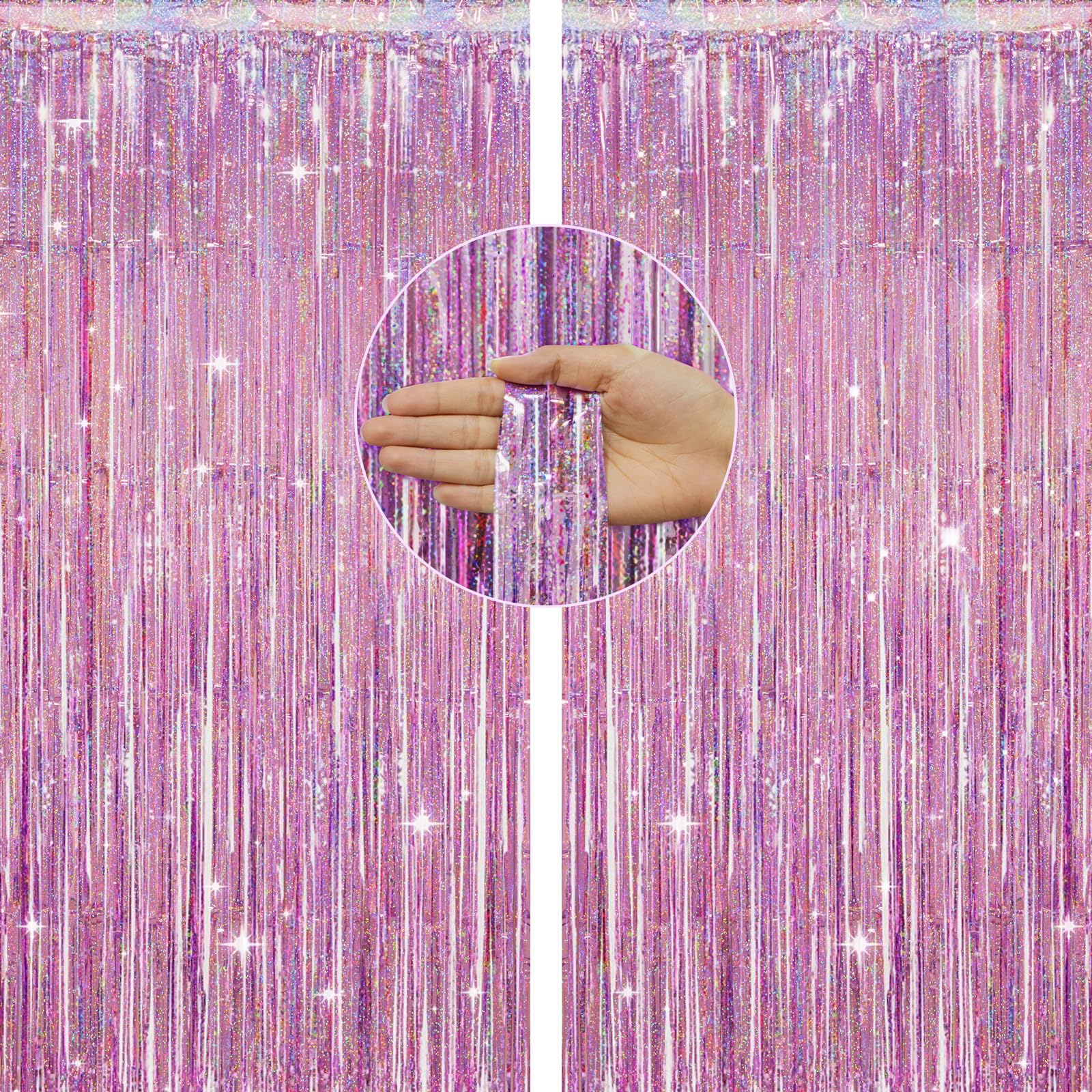 jijAcraft Pink Metallic Tinsel Curtain: 2pcs Glitter Foil Fringe Curtains with 5M String, 1m×2.5m Party Streamers Backdrop for Birthday, Baby Shower, Wedding, Hen Party