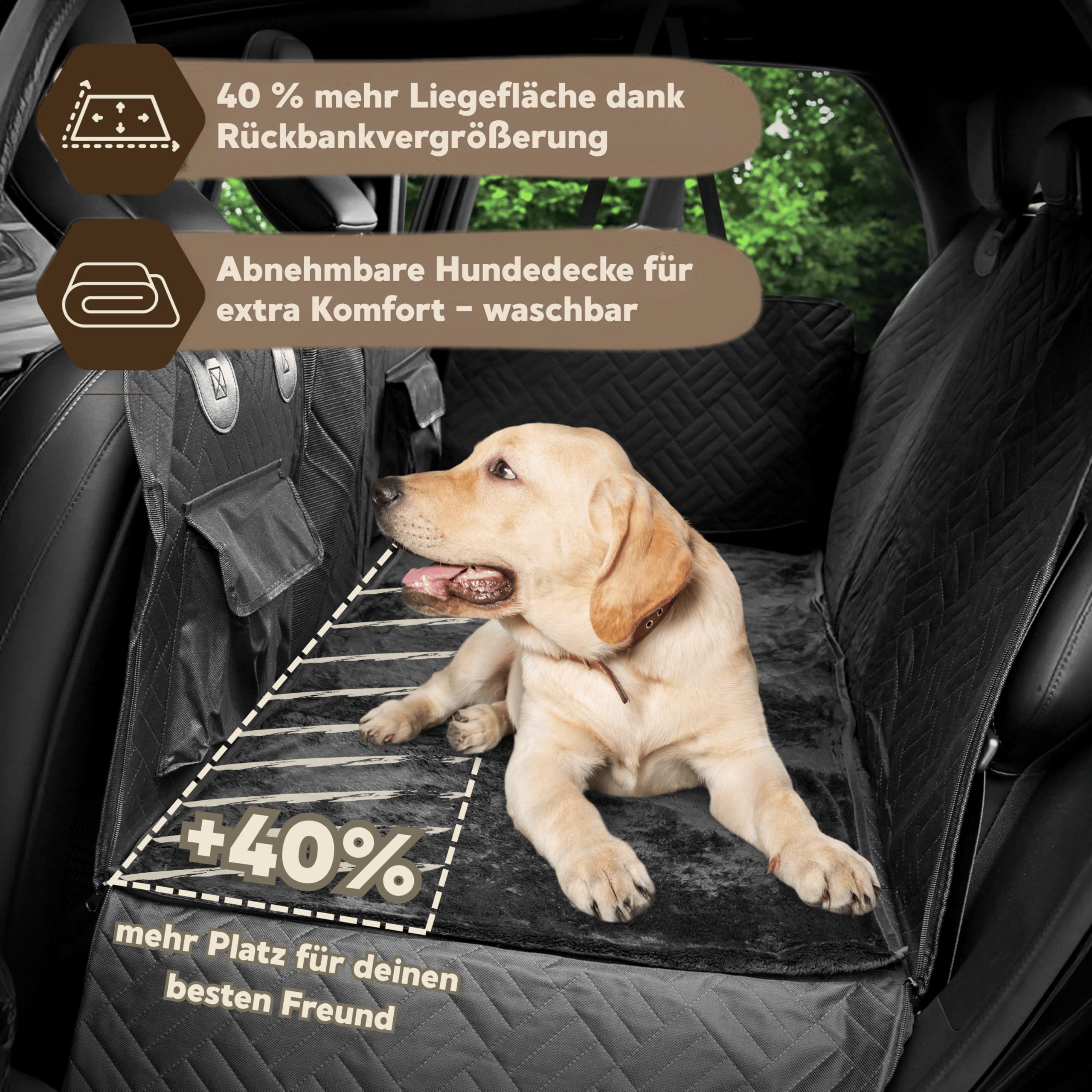 Hundedecke Auto Rückbank – Innovative Autoschondecke mit festem Boden zur Rücksitz-Erweiterung – Universell passend – Abnehmbare, gemütliche Decke für Hunde