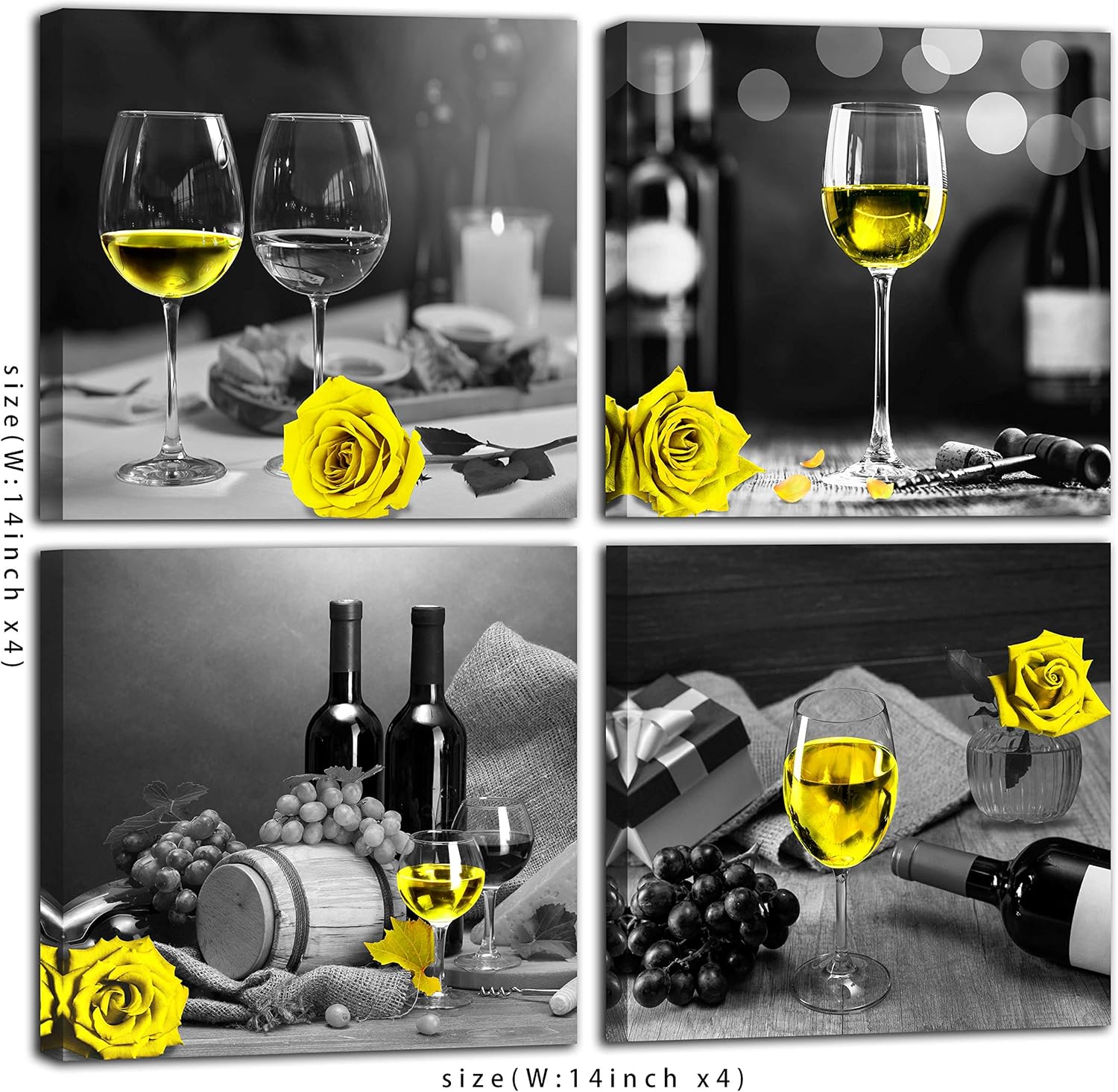 Kitchen Wall-Decor - Wine Wall Art For Bedroom Women,Black And White Wall Art - Modern Art Decorations For Living Room - Yellow Rose Artwork Gray Cask 4 Framed Canvas Art 14x14 Inches 14"x14"x4Pcs Yellow