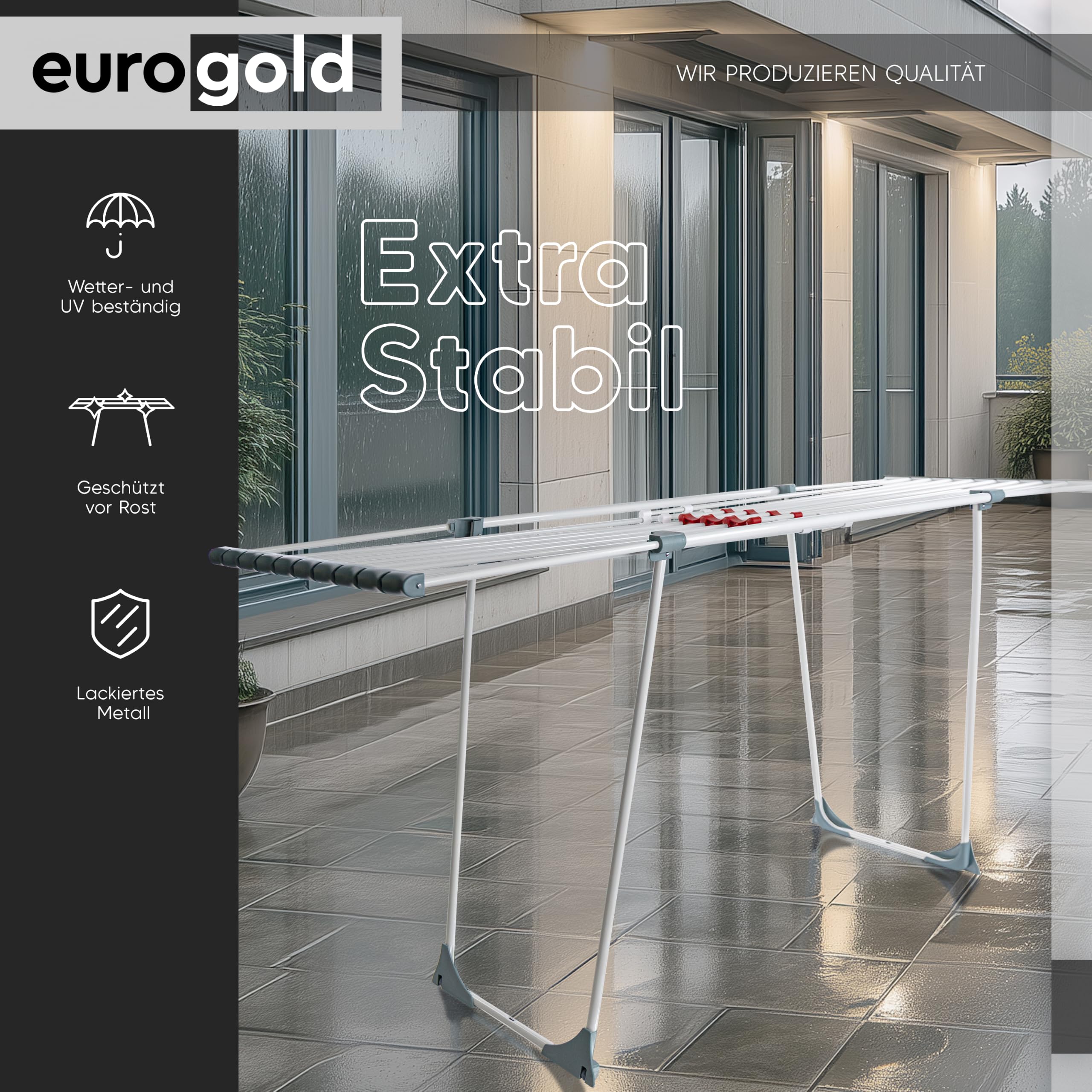 EUROGOLD Wäscheständer Ausziehbar 20m, Trockenständer für Bettwäsche Weiß | Stabiler Wäscheständer Klappbar ohne Querstrebe, Großer Trockenständer für Bettwäsche, Balkon, Garten & Zuhause