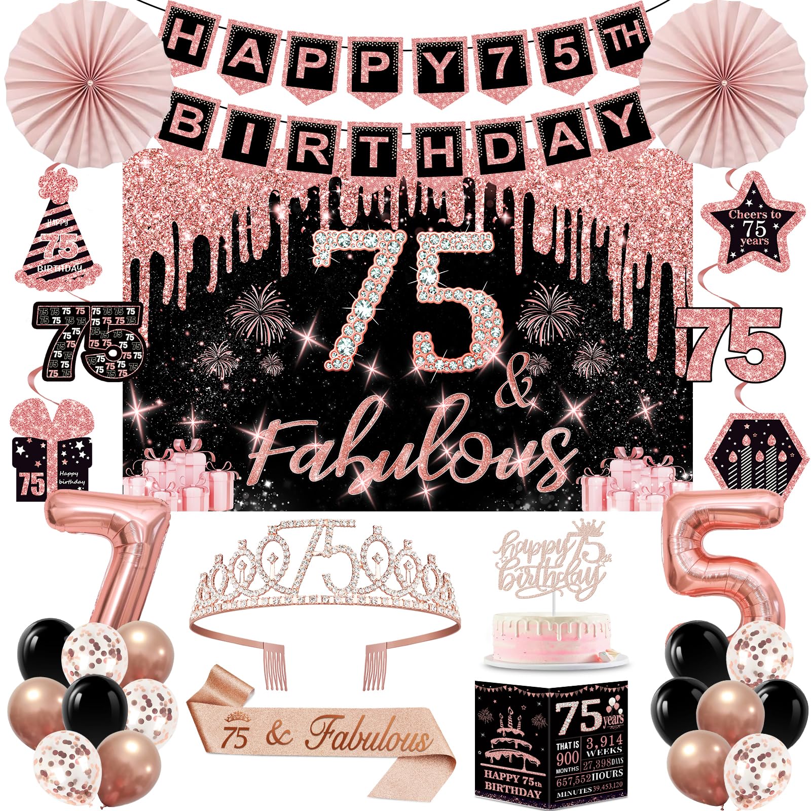 75th Birthday Decorations for Women,32pcs 75th Birthday Party Decorations,Including Backdrop, Crown, Sash, Banner, Hanging Swirl,Cake Topper,Balloons,Anniversary Card,Paper Fans
