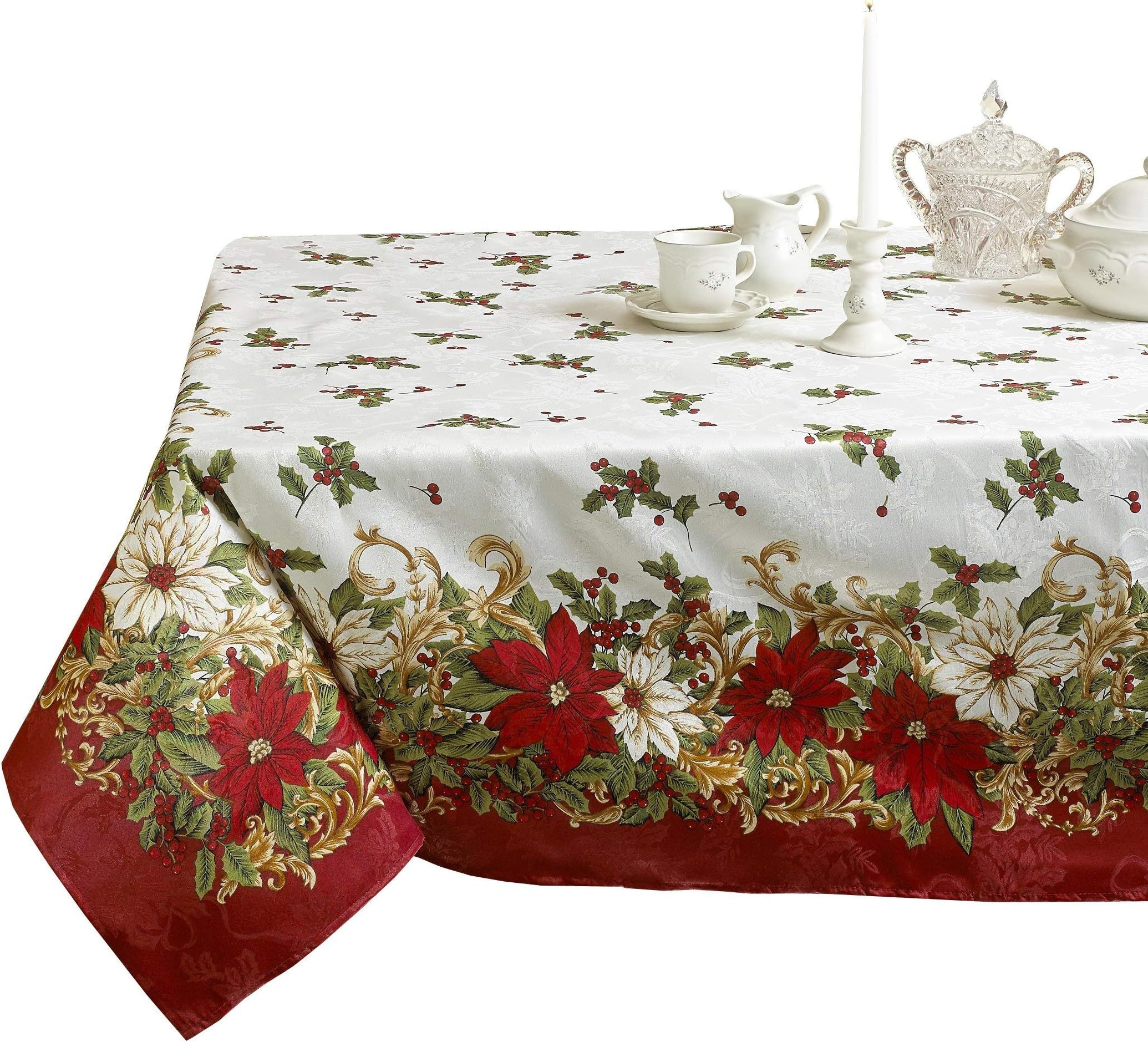 Violet Linen Decorative European Blossom Christmas Tablecloth, Poinsettia & Holly Berry Print - 60" x 84"