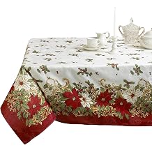 Violet Linen Decorative European Blossom Christmas Tablecloth, Poinsettia & Holly Berry Print - 60" x 84"