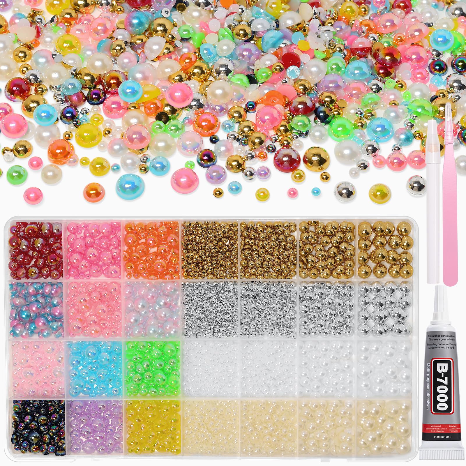 28 Grids Color Half Pearls 3-8mm, Gold Silver White Pink Beige Pearls Kit