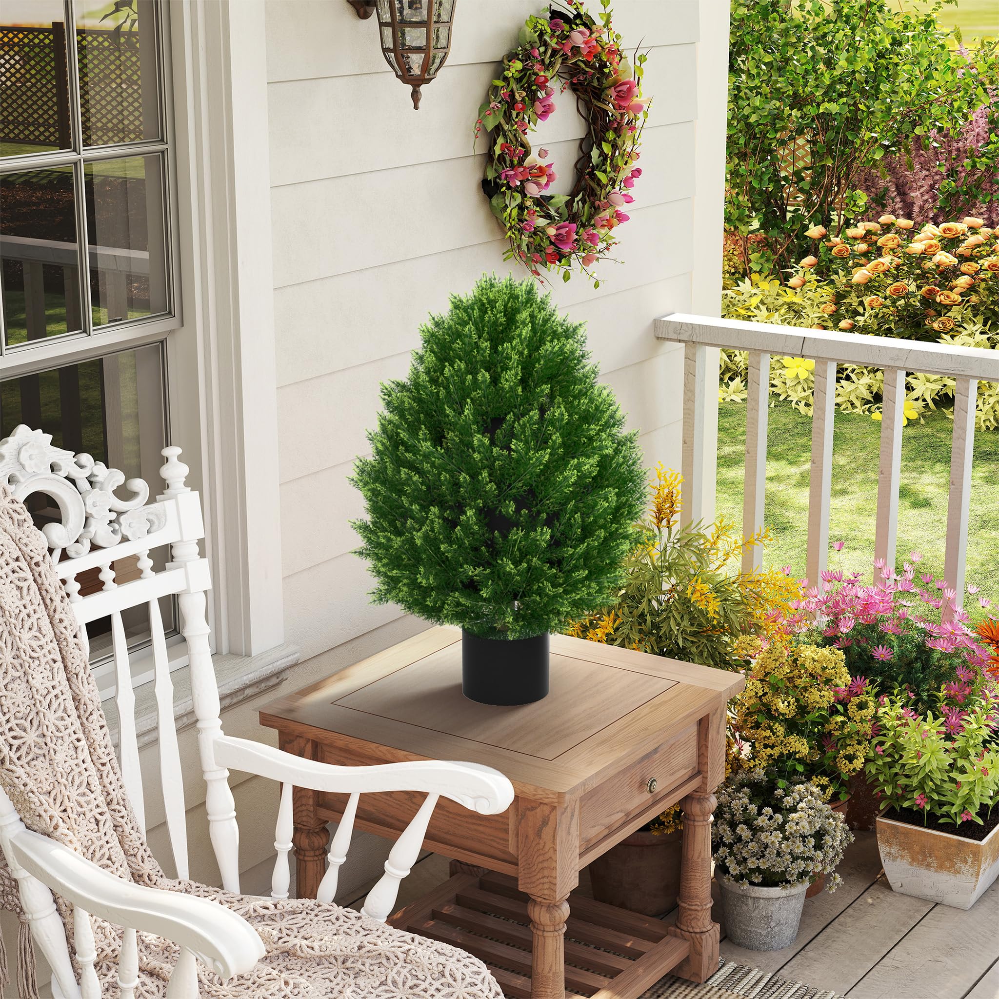 UISEBRT 2 plantas artificiales de 60 cm, con protección UV en maceta, planta decorativa con aspecto natural para casa, balcón, terraza, interior y exterior, pequeño ciprés