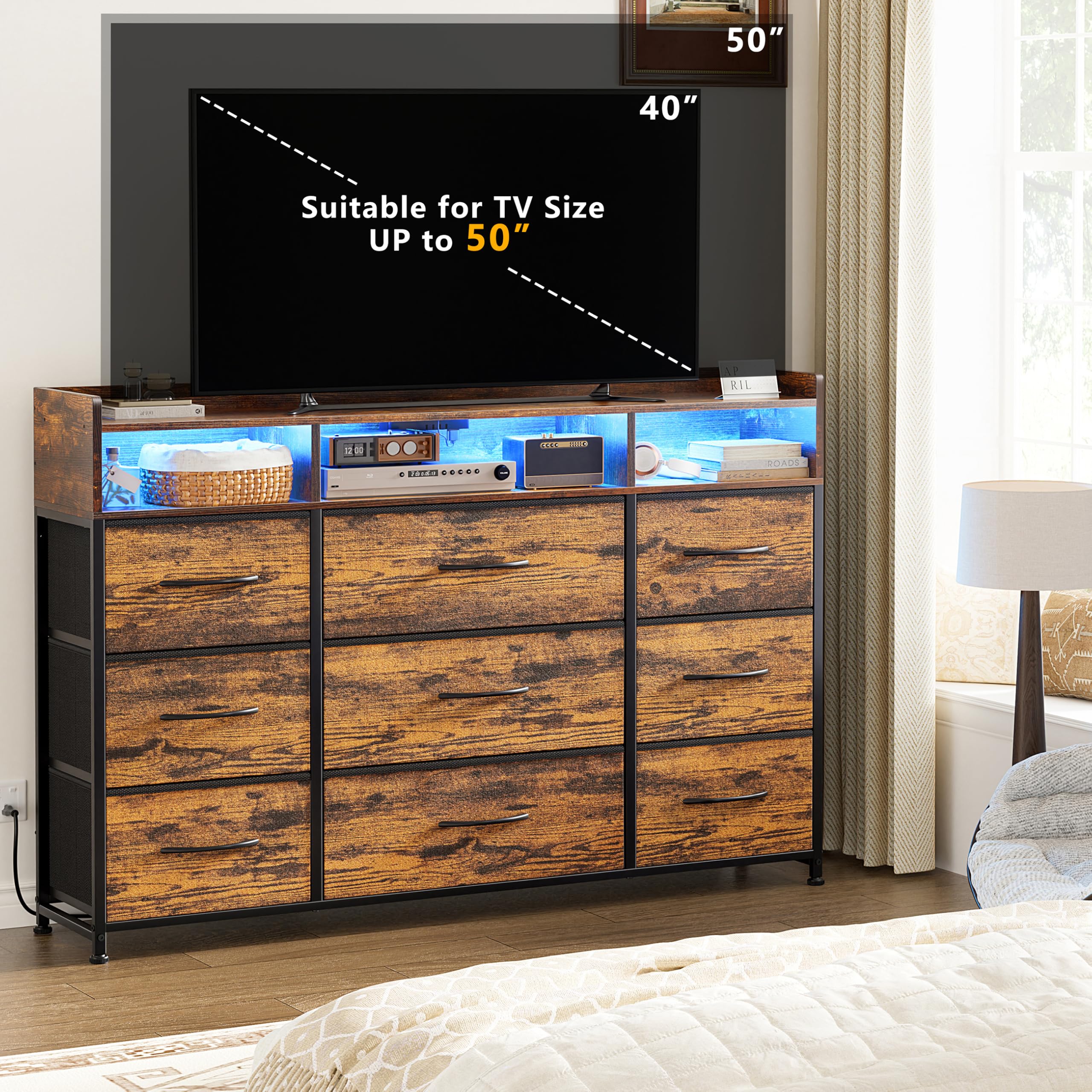 Kommode mit Ladestation und LED-Beleuchtung, TV-Kommode mit 9 Stoffschublade, Aufbewahrungsschrank mit Holzplatte für Schlafzimmer, Wohnzimmer, Flur, Rustikbraun