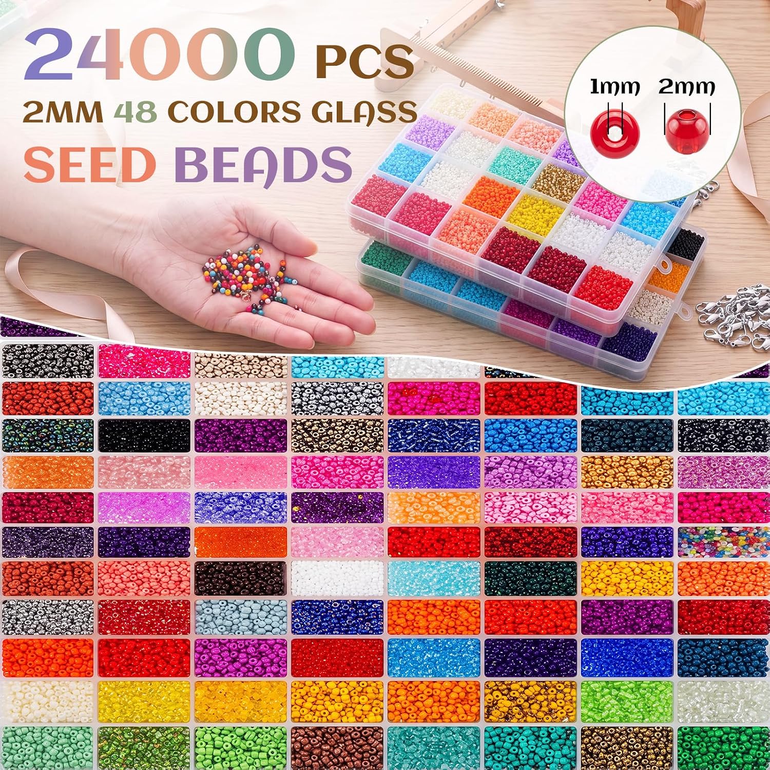 SiliFine Adjustable Bead Loom Kit Wood Loom Beading Supplies 24000pcs 2mm Glass Seed Beads 48 Colors Jewelry Making Accessories for Adults DIY Bracelets Necklaces Earrings Crafts