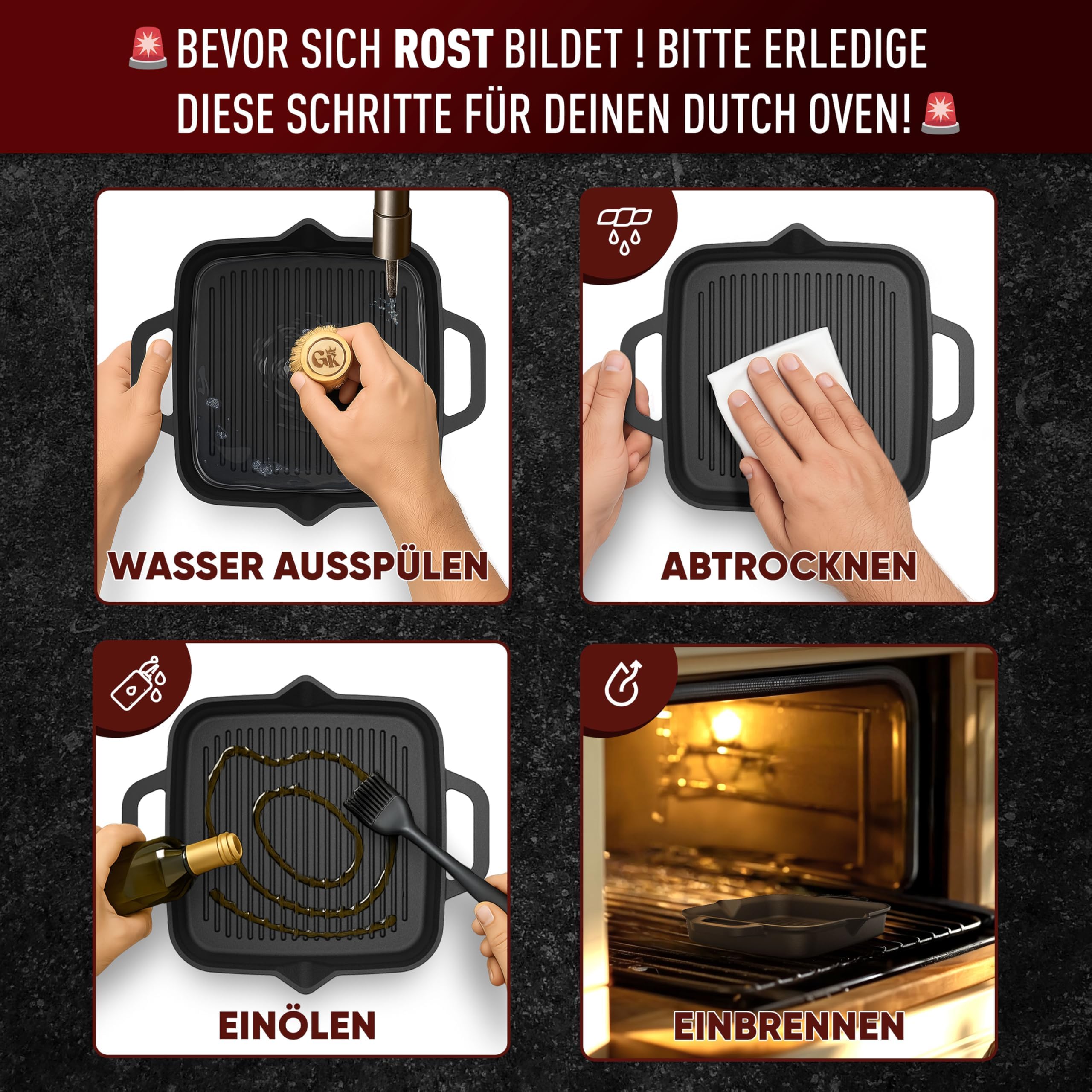GUSSKÖNIG Gusseisenpfanne - 30cm Pfanne Gusseisen - Grillpfanne Gasgrill - Eingebrannte Gusseisen-Pfanne - Cast Iron Pan - Robuste Gusspfanne+Pflegepaste, Ringreiniger & Rezeptbuch - 30 Jahre Garantie