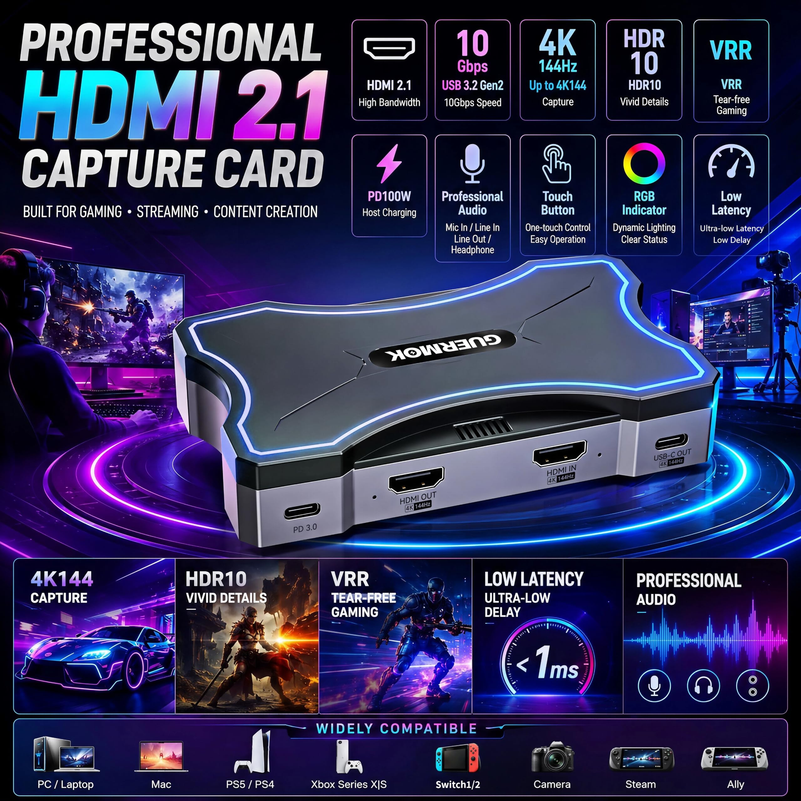 Guermok Scheda di acquisizione HDMI 2.1 4K144, acquisizione video RGB24 4K30FPS, HDR10/VRR | PD100W, USB3.2 Gen2, 2K240/1080P360 Pass-Thru, Mic/Line In, Line Out, per PS5/4/Xbox1/Switch 2/PC/Mac/iPad, OBS Stream/Record