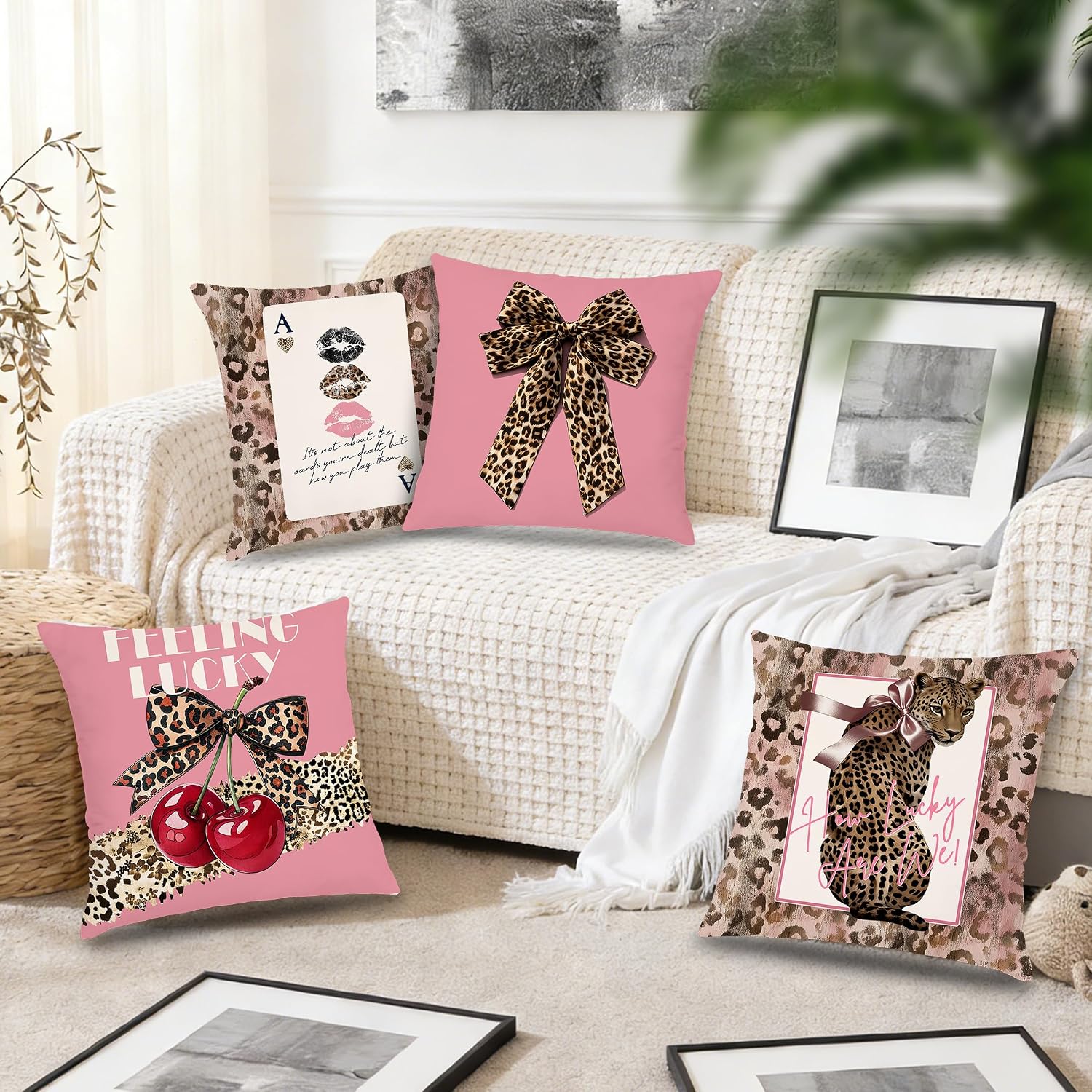 Trendy Leopard Bow Cherry Pink Pillow Covers 18x18 Set of 4,Leopard Cheetah Print Room Decor,Girly Bedroom Decor, Funky Preppy Y2K Aesthetic Cheetah Decorative Throw Pillow Covers