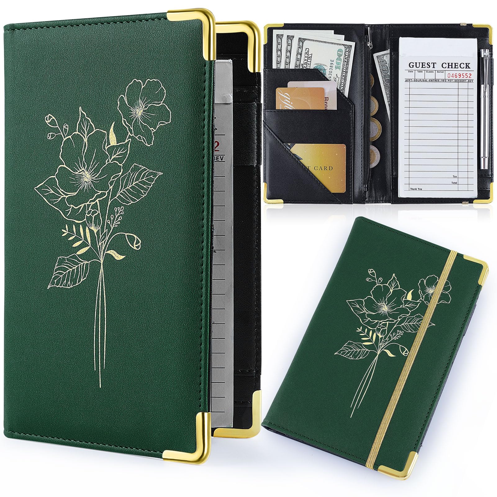 Server Books for Waitress, PU Leather Server Book with Zipper Pockets, Flower Pattern Waitress Book with Pen Holder Fit Server Apron Check Presenters for Restaurants