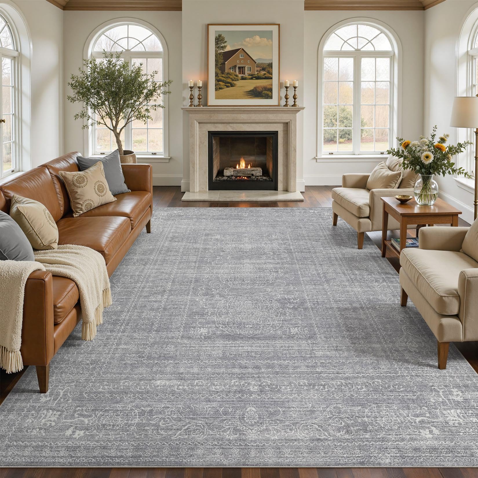 5x7 Area Rugs Living Room: Washable Large Vintage Beige Rug Neutral Non-Slip Soft Stain Resistant Indoor Carpet for Bedroom Nursery Dining Room Under Table Bed Home House Office Playroom — view 34