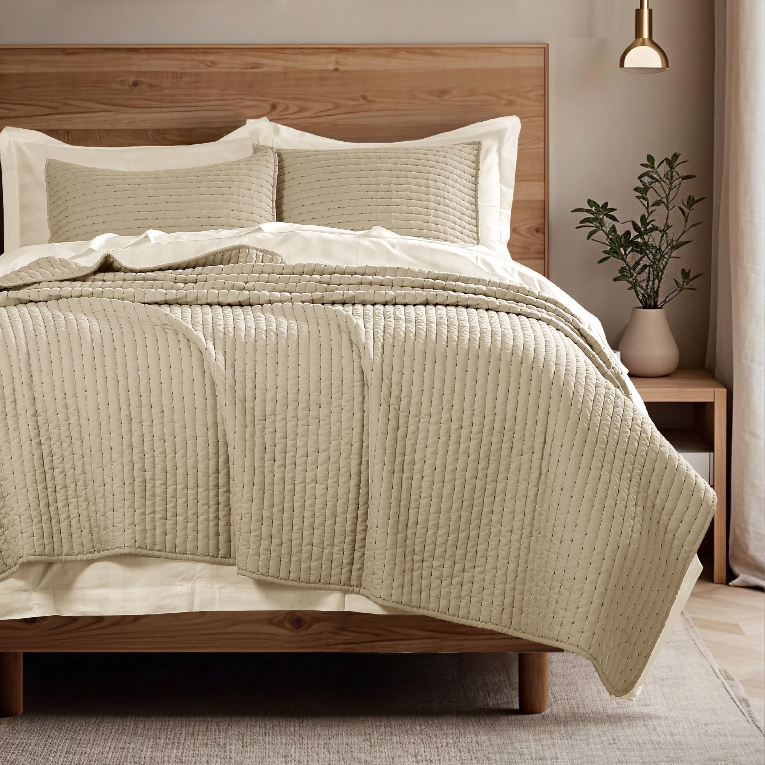 COOLXTRA Lightweight Quilted Bedspread Quilt Set, Pre-Washed Brushed Microfiber, Handmade-Look Stitching, All-Season Decorative Coverlet with 2 Pillow Shams, King, Camel