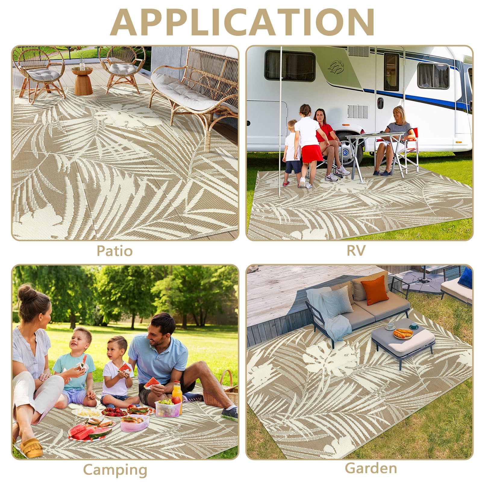 famibay Tapis d'extérieur réversible en paille de plastique imperméable, tapis de camping, tapis d'extérieur léger et pliable pour patio, balcon, terrasse, camping (marron)