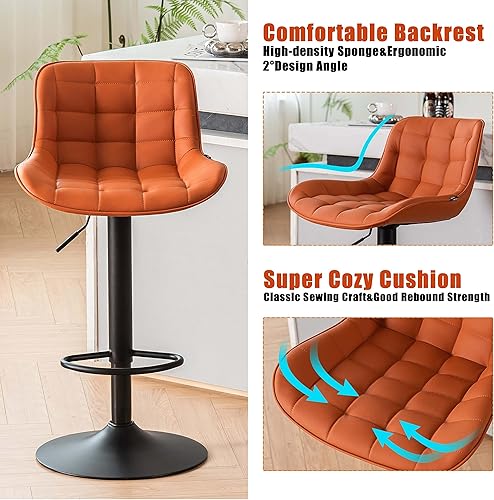 Miniatura 5 de YOUTASTE Juego de 2 taburetes de bar de altura de mostrador con respaldo, taburetes de bar tapizados de piel sintética, sillas de bar giratorias