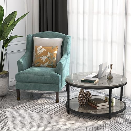 Miniatura 7 de WiberWi Round Coffee Table 33.5" Coffee Tables for Living Room High Glossy Faux Marble Top Modern Circle Table Sturdy Black Metal Frame Legs