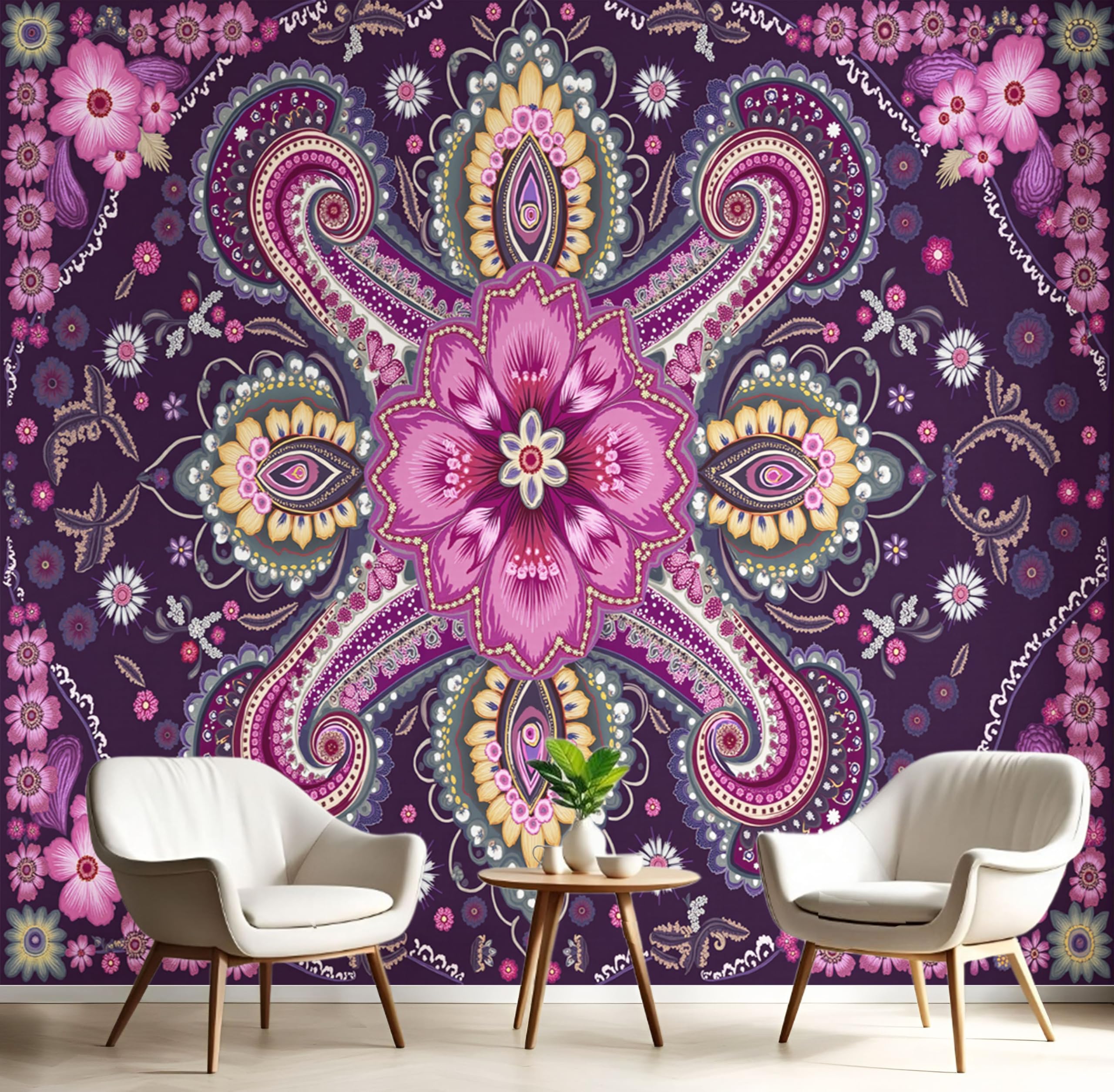 Papier peint panoramique fleurs cachemire pour transformer un mur vide en fresque