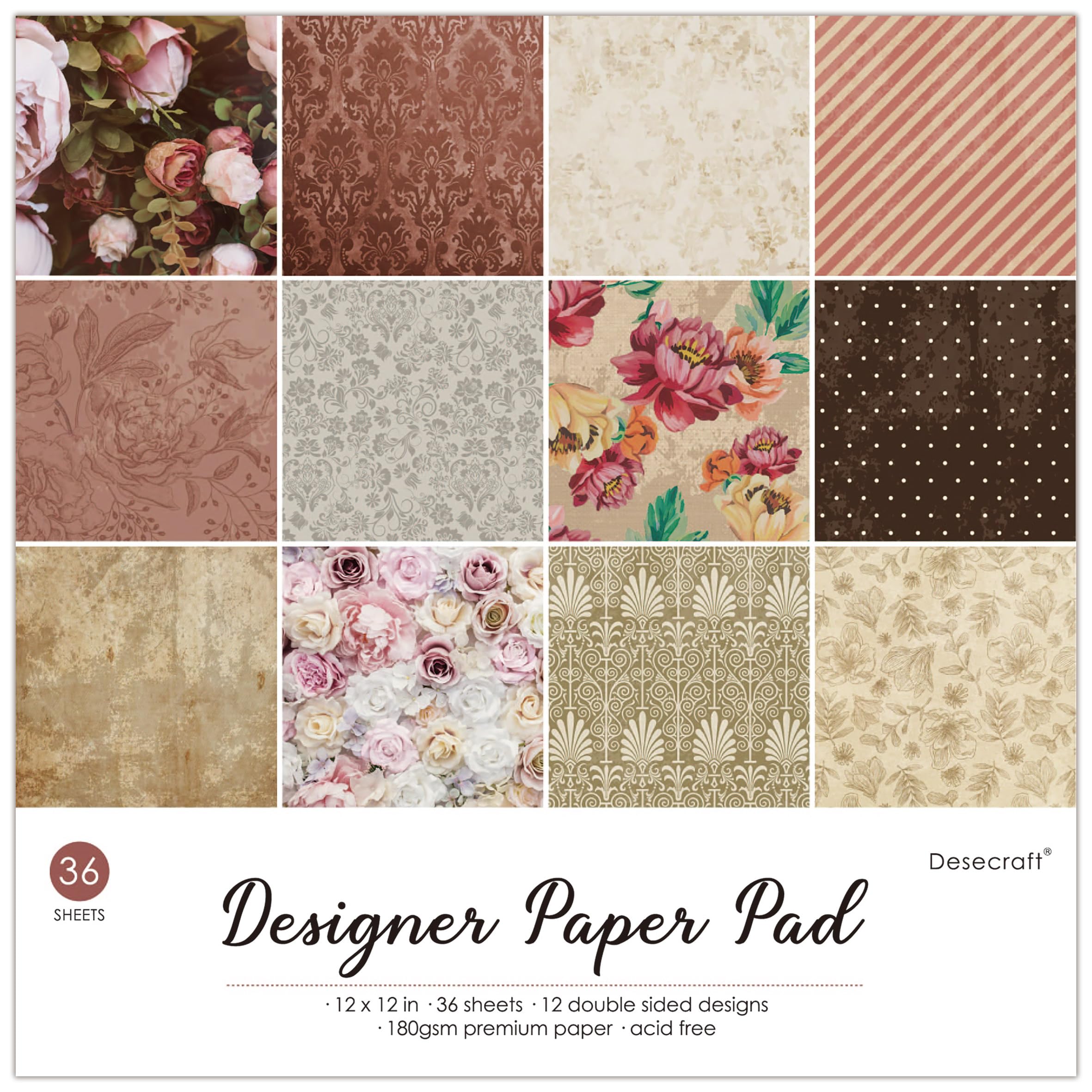 Vintage Flora 12x12 in Double Sided Paper Pad Pack Scrapbook Cardstock Decorative Paper - 36 Sheets - for Card Making Journaling Planner Origami Decopage Decorative Scrapbooking Supplies