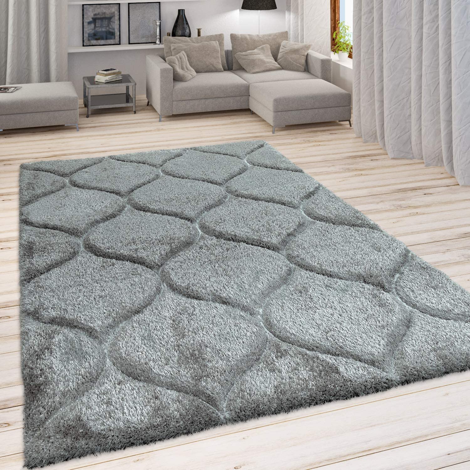 Gray Modern Geometric Shaggy Rug 2 Inch Thick Pile Height Polyester Carpet | Tufted Washable Area Rug for Living Room Bedroom Home Decor | Easy to Care Soft and Cozy Rug