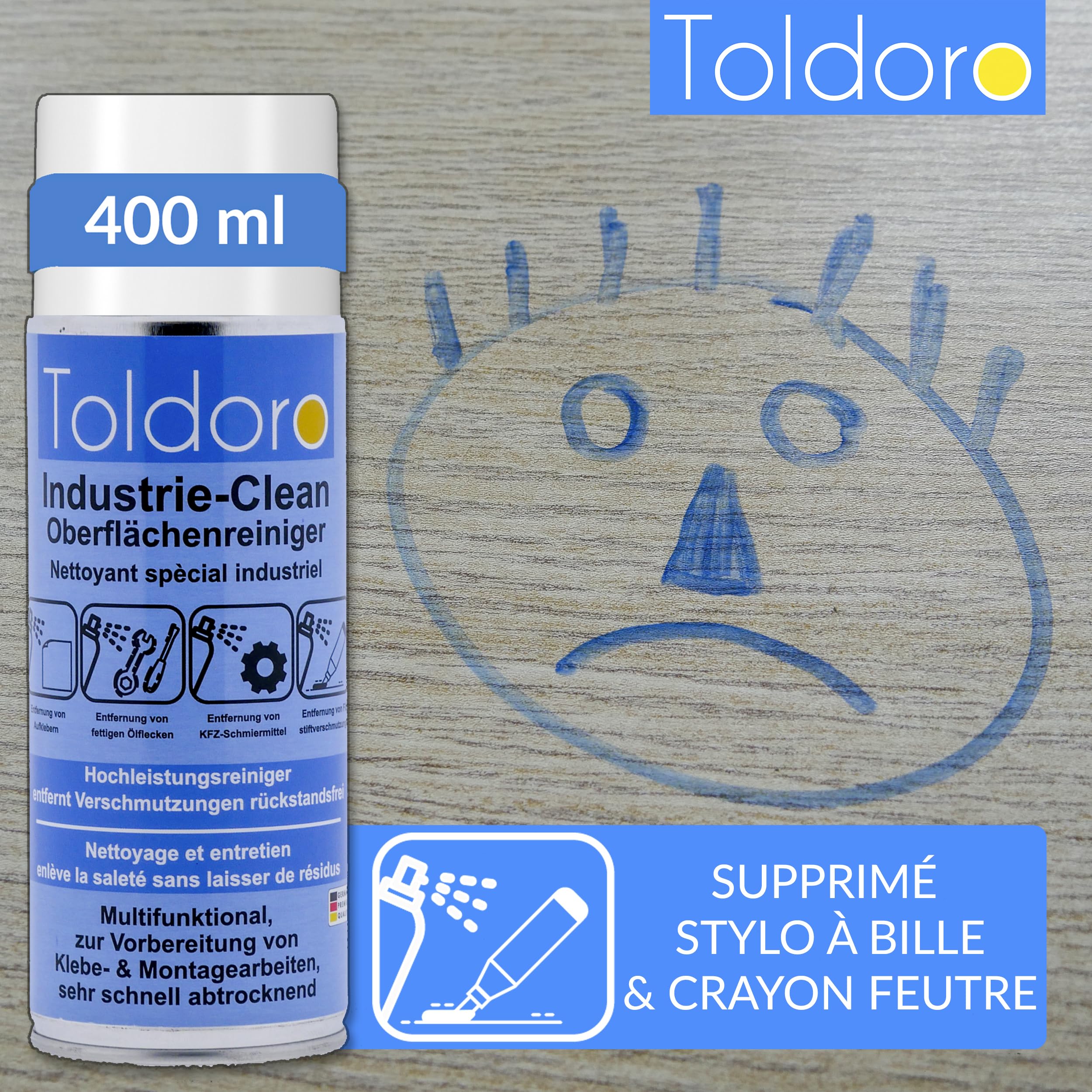 Toldoro Nettoyant industriel, dissolvant d'étiquettes, nettoyant pour machine, dissolvant de résidus de colle, dissolvant d'étiquettes, spray dégraissant (12 x 400 ml)