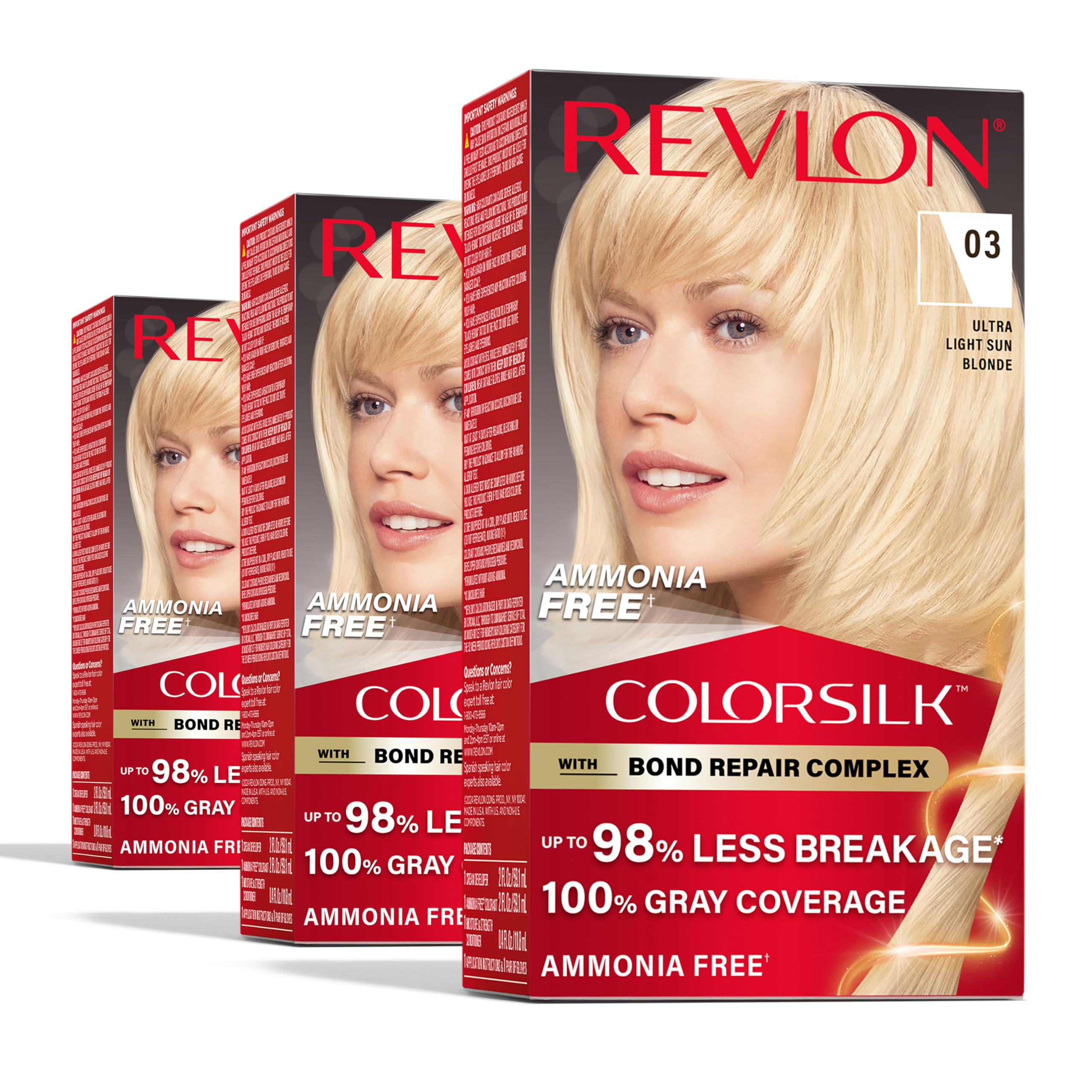 Revlon ColorSilk with Bond Repair Complex, Blonde Permanent Hair Color, 100% Gray Coverage, Ammonia Free Hair Dye, Vegan Keratin, 03 Ultra Light Sun Blonde (Pack of 3)
