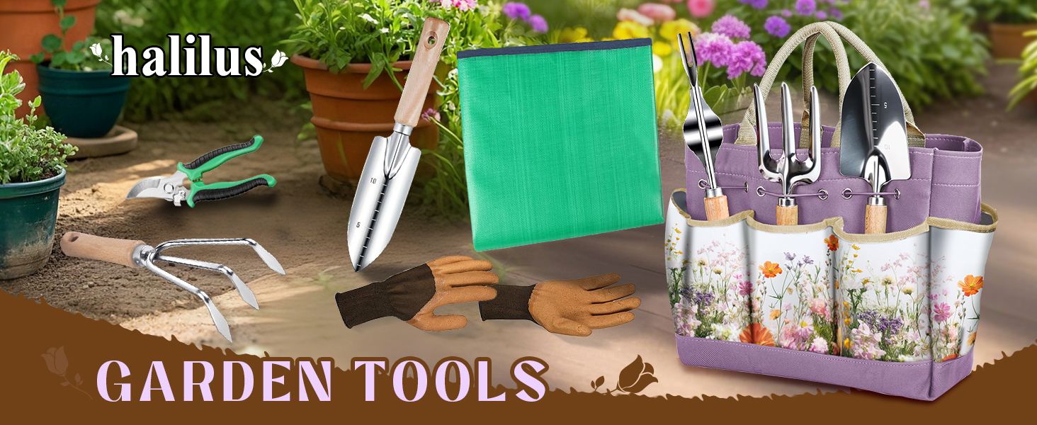 Gardening Tools 9-Piece Heavy-Duty Garden Tools Set, Stainless Steel Garden Hand Tools with Purple Floral Tote Bag and Repotting Mat Garden Supplies Kit Gifts for Women