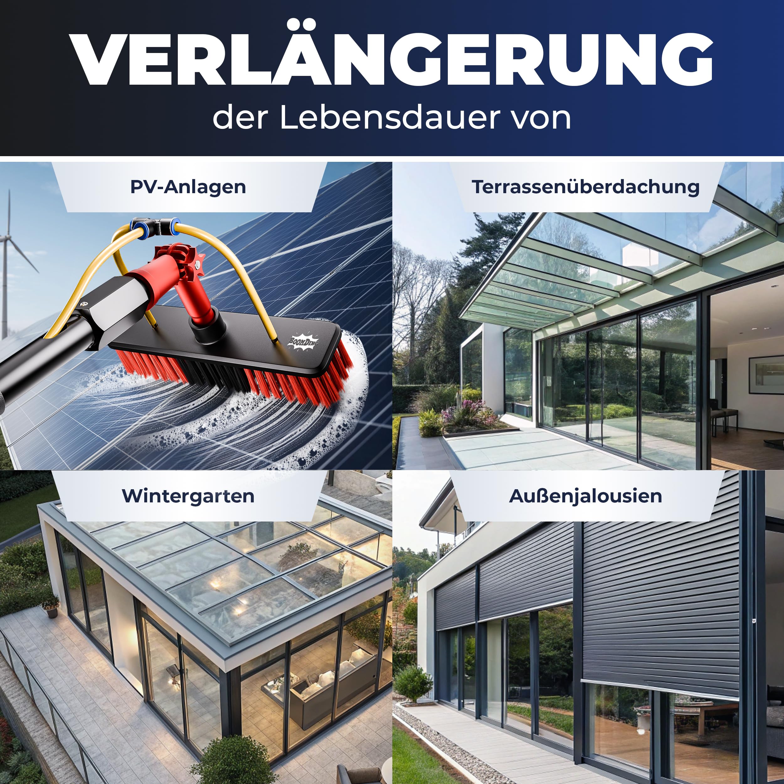 Teleskop Waschbürste | 4,6 Meter | Aluminium | Als Wintergarten Reinigungsset | Terrassendach Reiniger | PV Anlage Reinigung | Waschbürste mit Teleskopstiel | Teleskopbürste mit Wasseranschluss