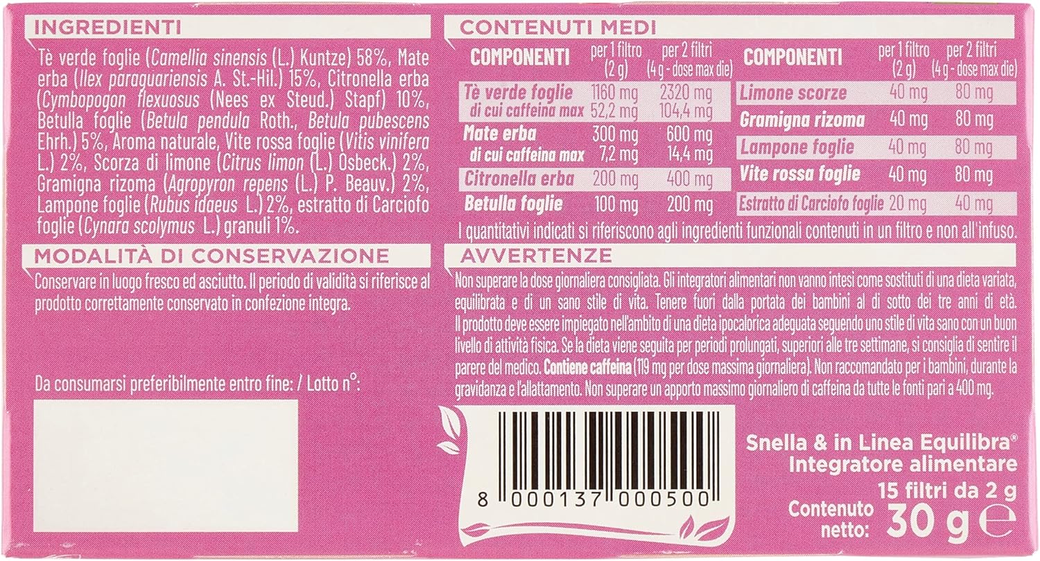 equilibra Integratori Alimentari Tisane, Tisana Snella e In Linea, 100% Ingredienti Funzionali per l'Equilibrio del Peso Corporeo, con Mate e Tè Verde, Materiali 100% Riciclabili, 3 Pezzi da 15 Filtri Snella & In Linea 15 unità (Confezione da 3) - Immagine 4