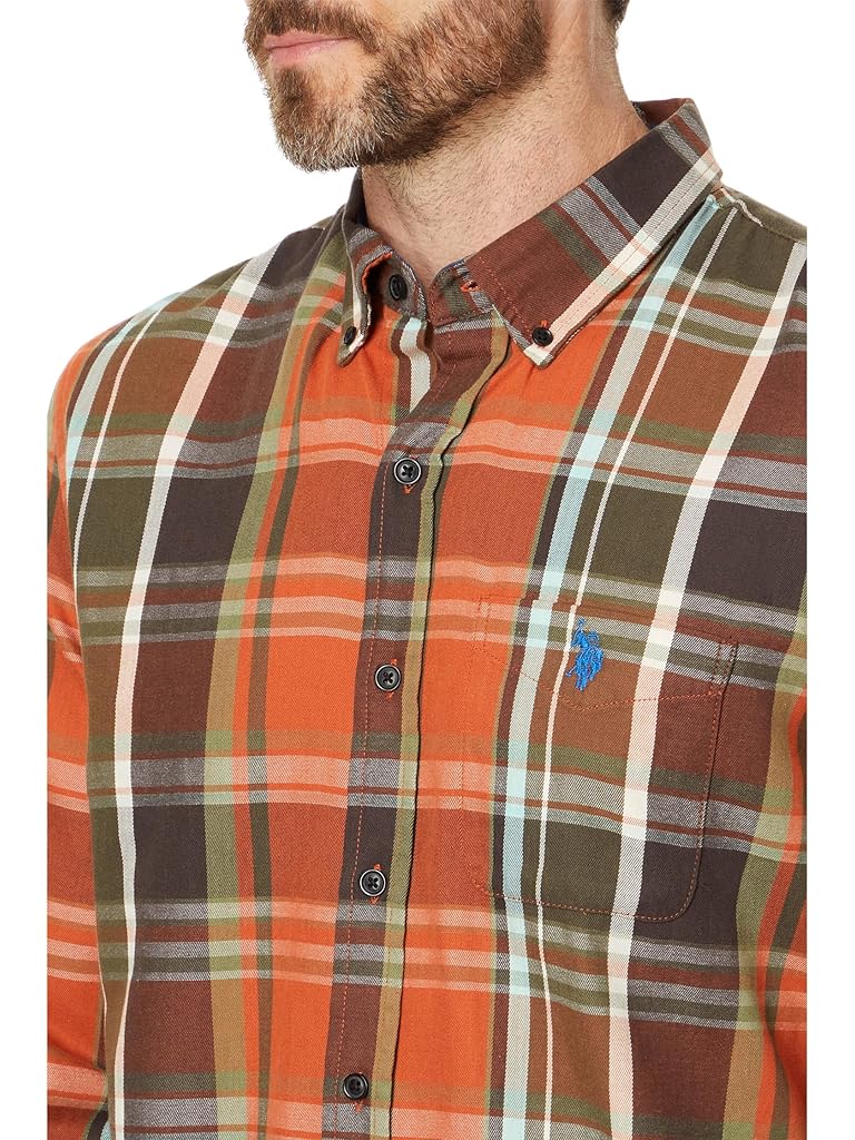 U.S. POLO ASSN. Long Sleeve Classic Fit 1 Pocket Yarn Dye Peached Twill Multicolor Plaid Woven Shirt