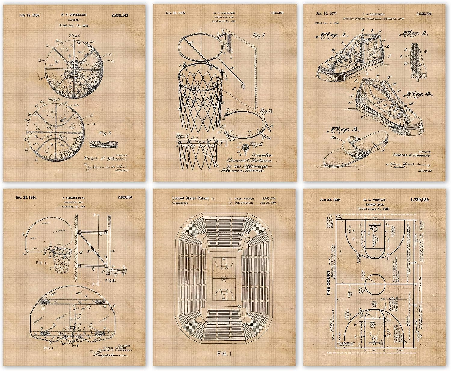 STARS BY NATURE Classic Basketball Patent Prints, 6 (8x10) Unframed Photos, Wall Art Decor for Home Work Office Fitness Gym School College Student Teacher Coach National Championship Team League Club