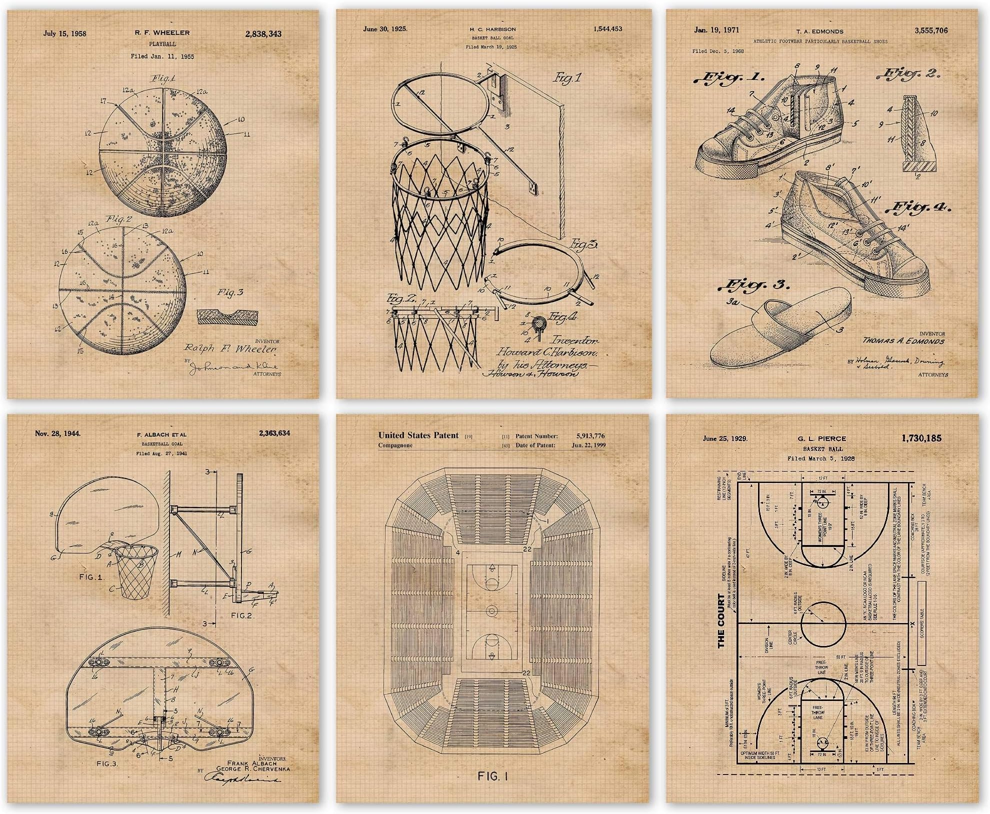 Classic Basketball Patent Prints, 6 (8x10) Unframed Photos, Wall Art Decor Gift for Home Office Gears Work Garage Shop School Gym Student Teacher Athlete Coach National Championship Sports Fans