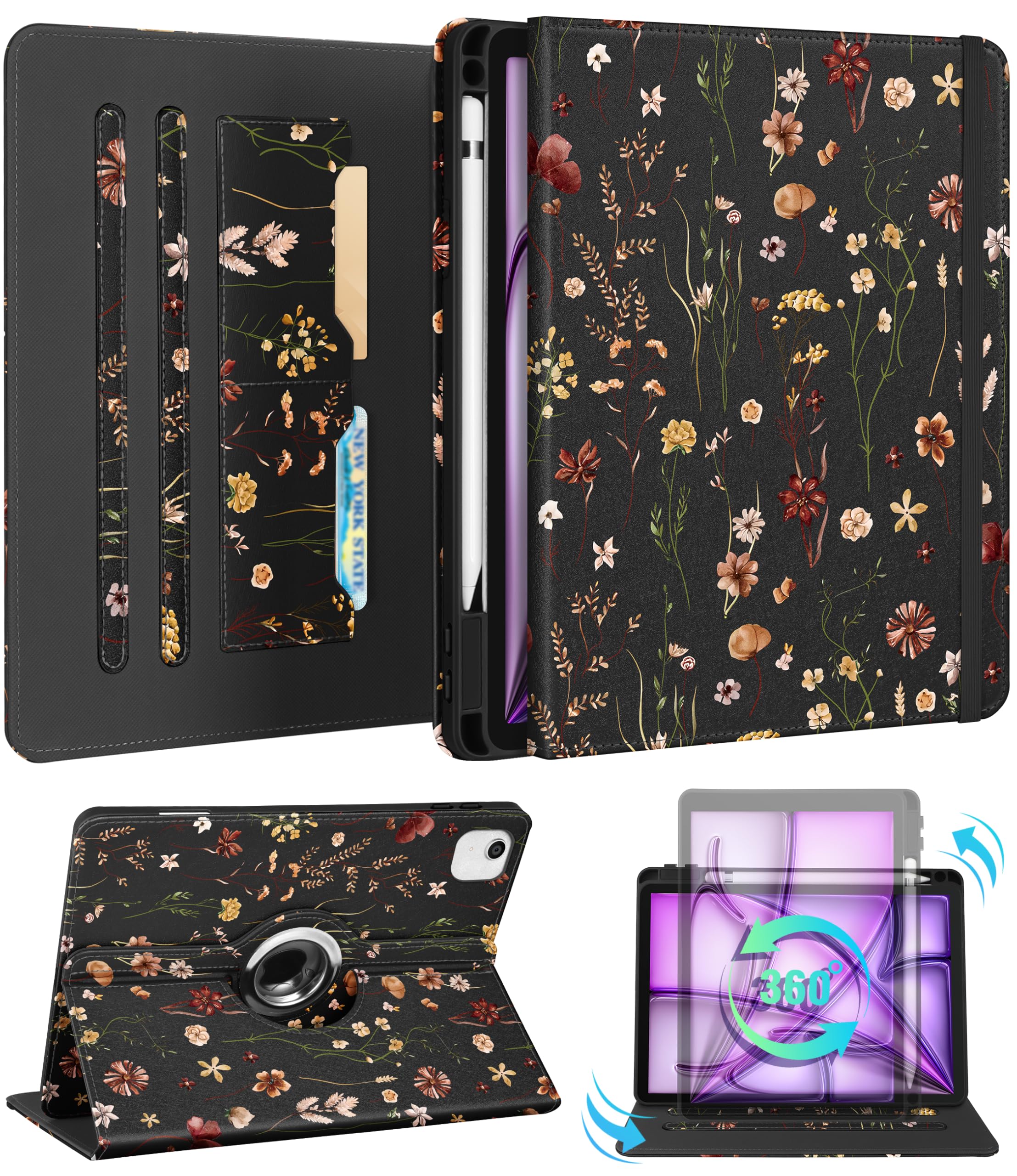 Kidcube for iPad Air 13 Inch Case M3 2025/M2 2024/for iPad Pro 12.9 Cases 6th/5th (2022/2021) - Women Girls Cute Rotating Stand Folio Cover with Pencil Holder & Card Slot Flowers Floral Unique Cover