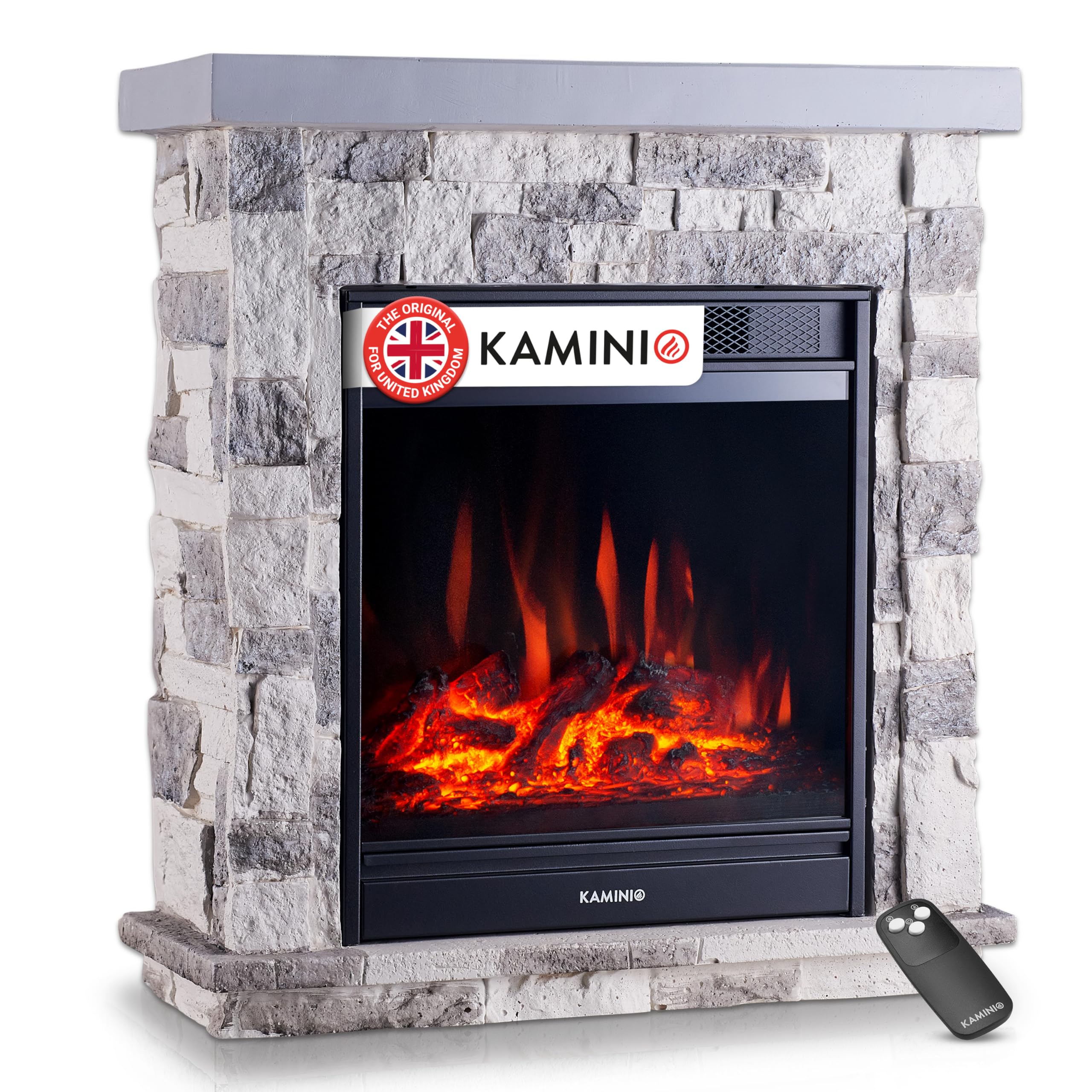 KAMINIO Electric Fireplace JUAN - Freestanding Fireplace in Stone look with Heater, 3D Flame Effect, Remote Control (Grey)