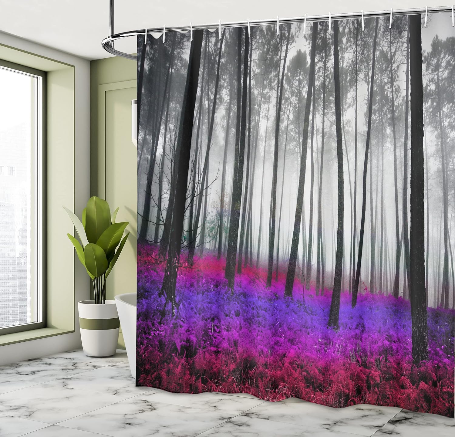 Ambesonne Forest Shower Curtain, Mystical Fantasy Woodland Under Heavy Fog Tall Trees Bushes Contrast Colors, Cloth Fabric Bathroom Decor Set with Hooks, 69" W x 75" L, Purple Magenta