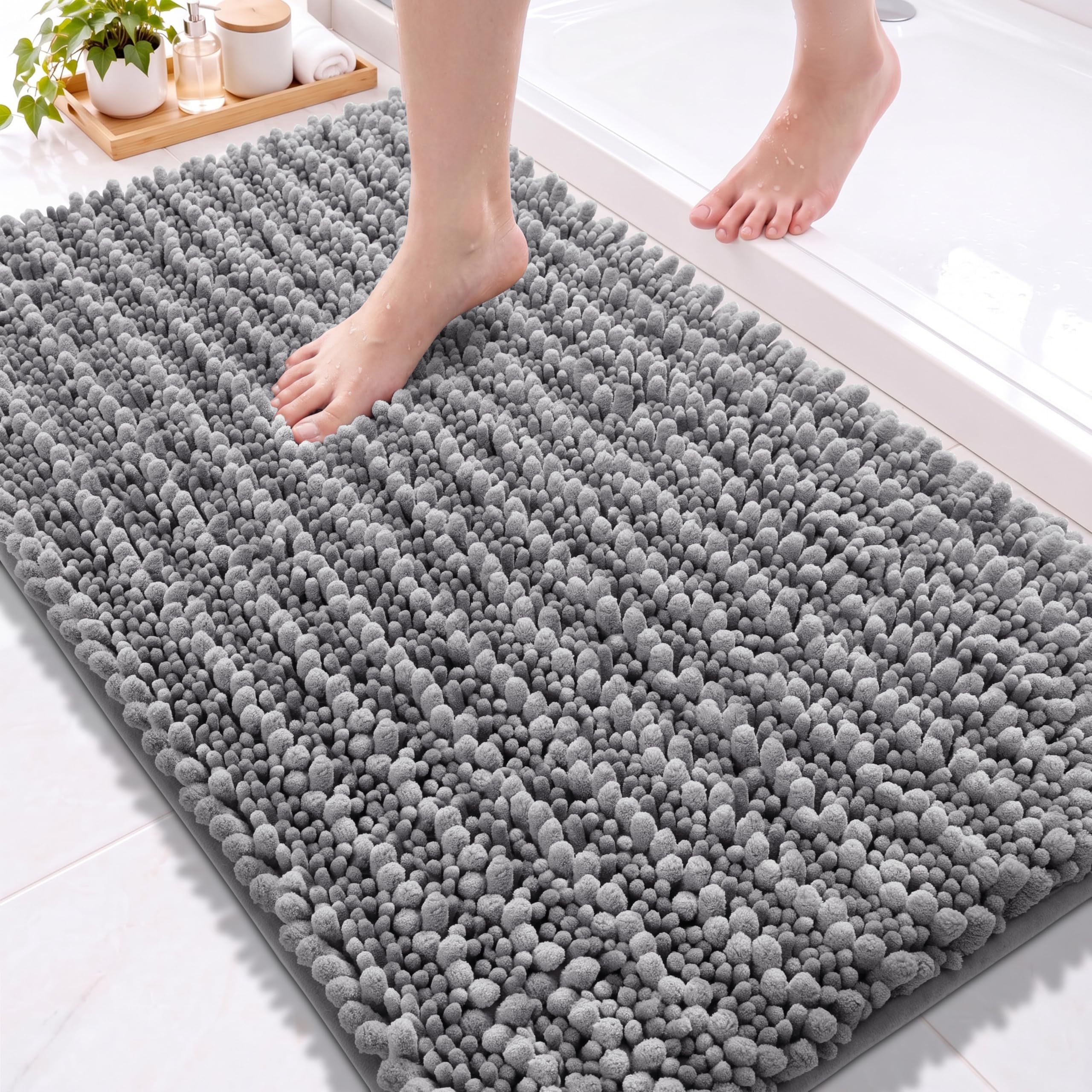 Yimobra Original Luxury Chenille Rectangular Bath Mat, 36.2 X 24 Inches, Soft Shaggy And Comfortable, Large Size, Super Absorbent And Thick, Non-Slip, Machine Washable, Perfect For Bathroom, Gray