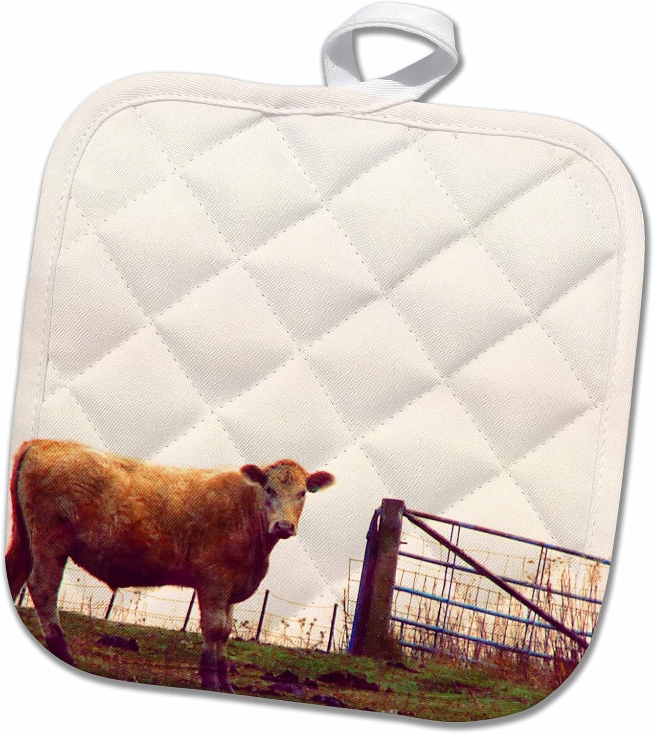 3D Rose Steer in A Pasture Faux Vintage Pot Holder, 8" x 8"