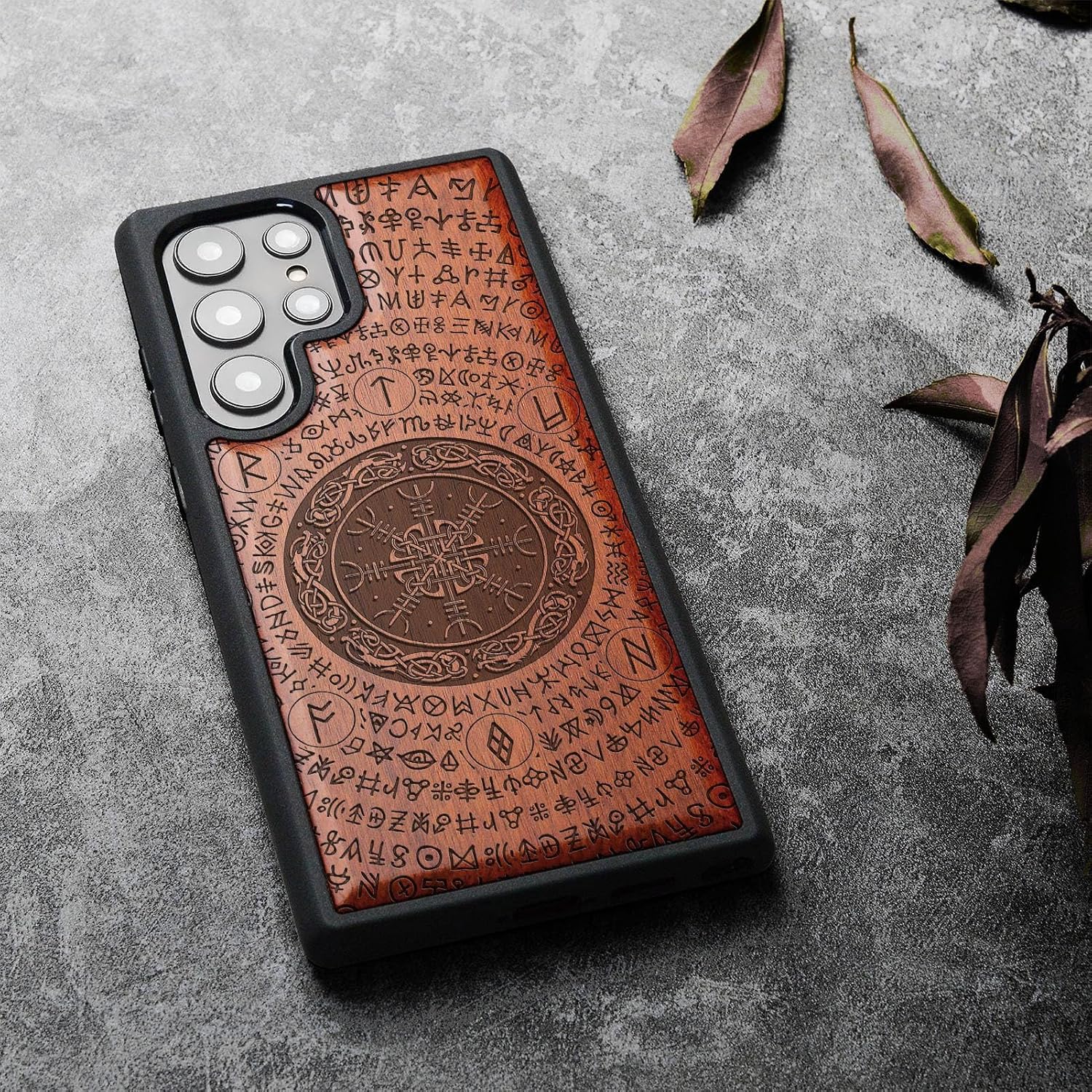 Carveit for Galaxy S24 Ultra Case Natural Wood Black Soft TPU Viking Symbol-Rosy Compatible with Samsung S24 Ultra | Shockproof, Protective Cover, Unique Wooden Design