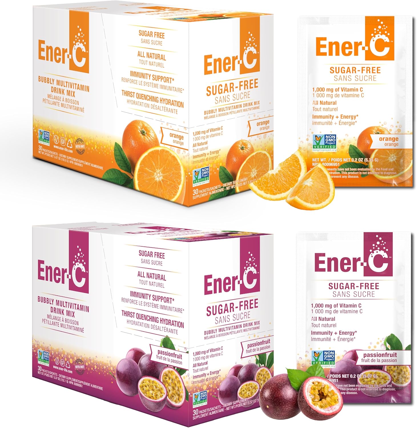Ener-C Sugar Free Energy Orange & Passion Fruit Multivitamin Drink Powder Vitamin C 1000mg & Electrolytes - Natural Immunity Support with Real Fruit Juice Non-GMO Vegan & Gluten Free - 60 Count