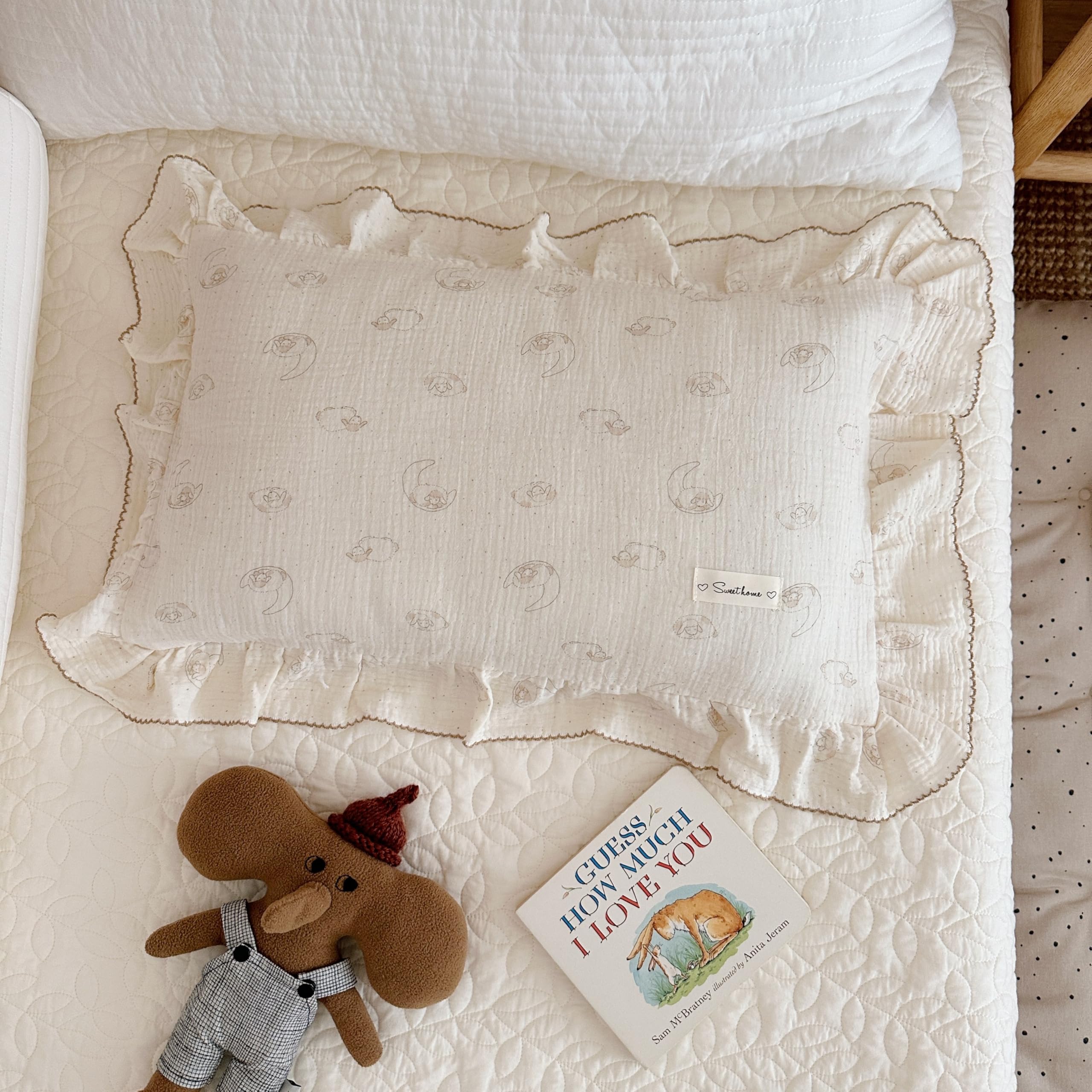 AOJIM Cute Sheep Cotton Muslin Kids Pillowcase for Boys Girls, Super Soft Baby Crib Pillowcase 1PC with Ruffled Edges, Cartoon Toddler Nursery Pillow Cover for Room Decor, Machine Washable, 28x18'' — image 1
