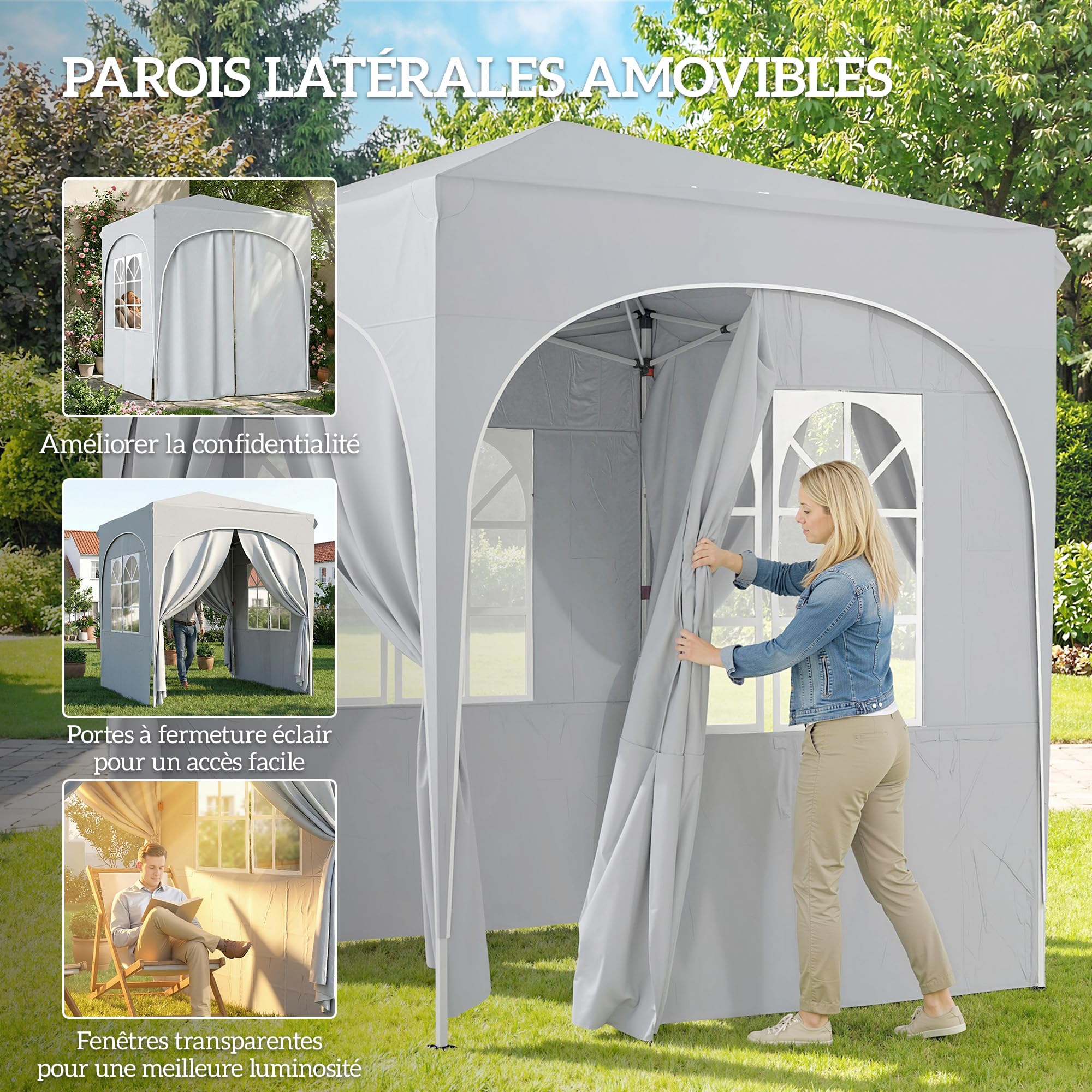 Outsunny Tonnelle de Jardin Pop Up Réglable en Hauteur 2x2 m Gris Clair | Tente Pliante, Protection UV50+, Tonnelle Pliante, 4 Parois Latérales, Sac de Transport, Montage Facile, Barnum 2x2