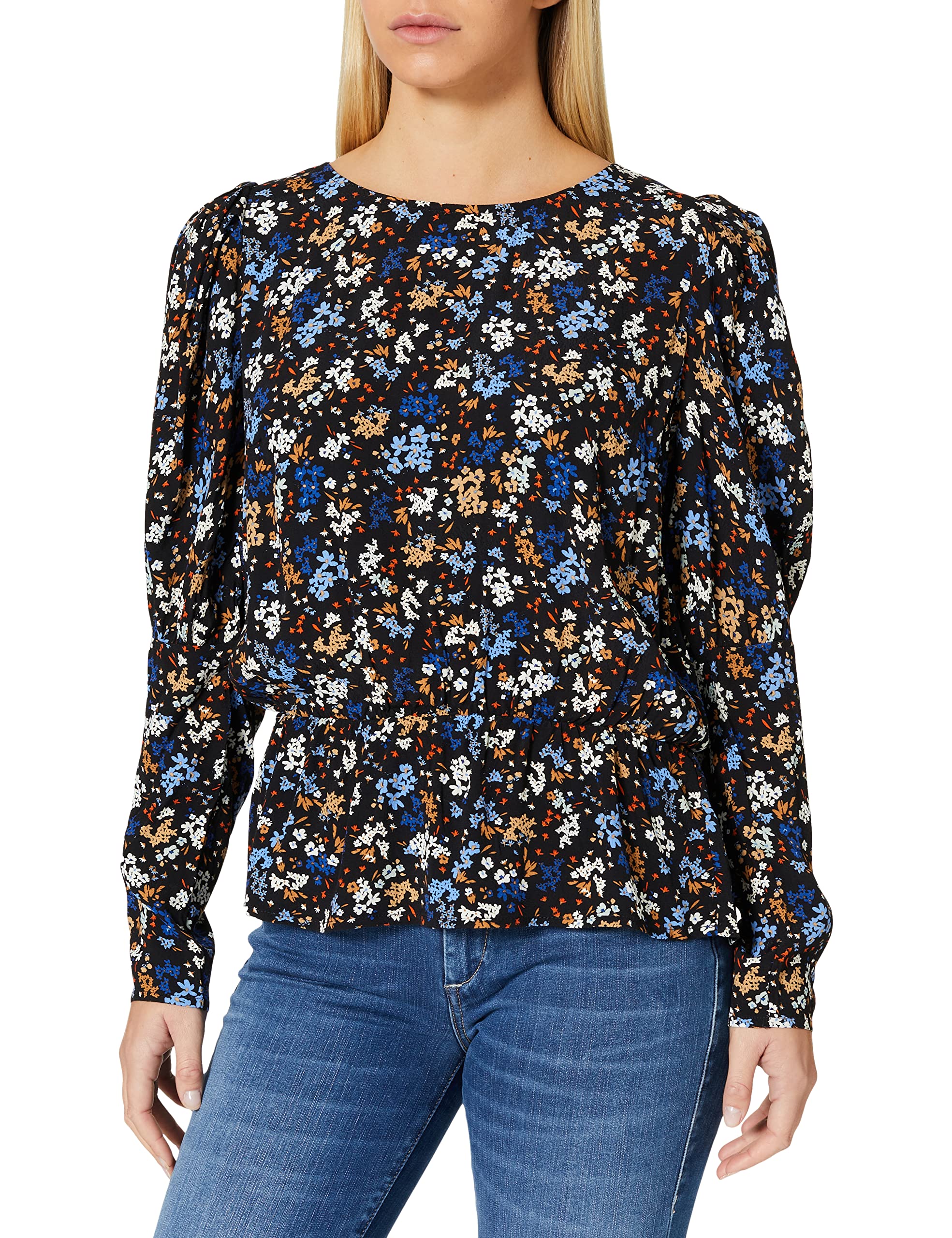 Tom Tailor Denim Ladies Balloon Shoulder Blouse 1027407, 28341 - Black Blue Flower Print, Large