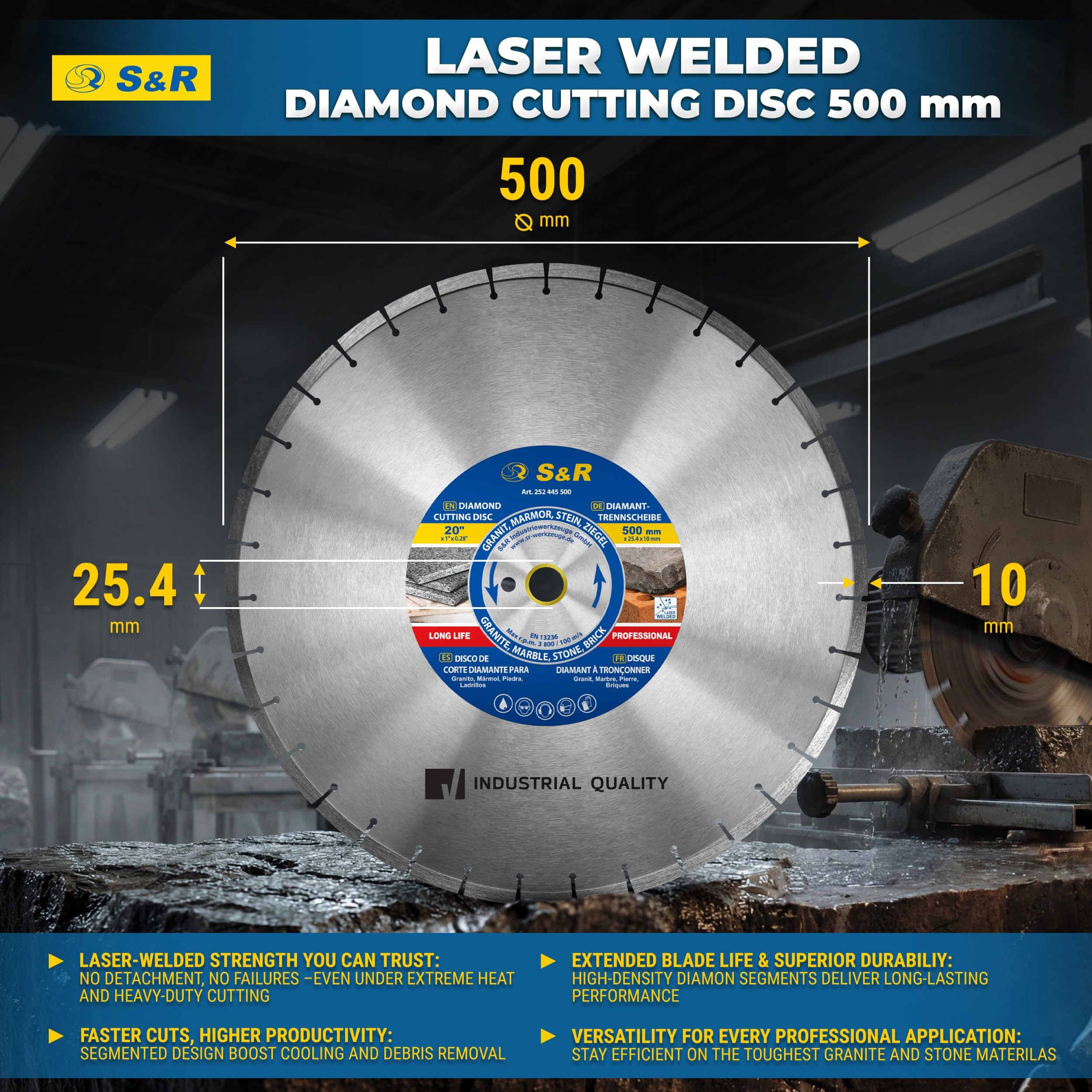 S&R Diamentowa tarcza tnąca 500 x 25,4 mm, spawana laserowo, jakość przemysłowa, podwójna żywotność kamienia naturalnego, sztucznego kamienia, marmuru, granitu, twardej cegły, do pił silnikowych, pił