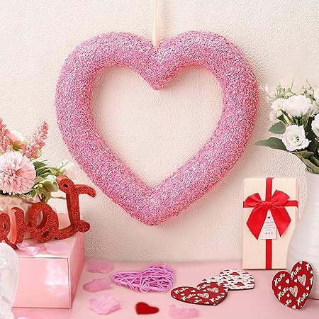 Valentine's Day 3D Glitter Heart Wreath for Front Door, 11" Pink Sequins Valentine Door Wreath, Heart-Shape Artificial Decorative Wreath for Anniversary Wedding Christmas Party Wall Window D...