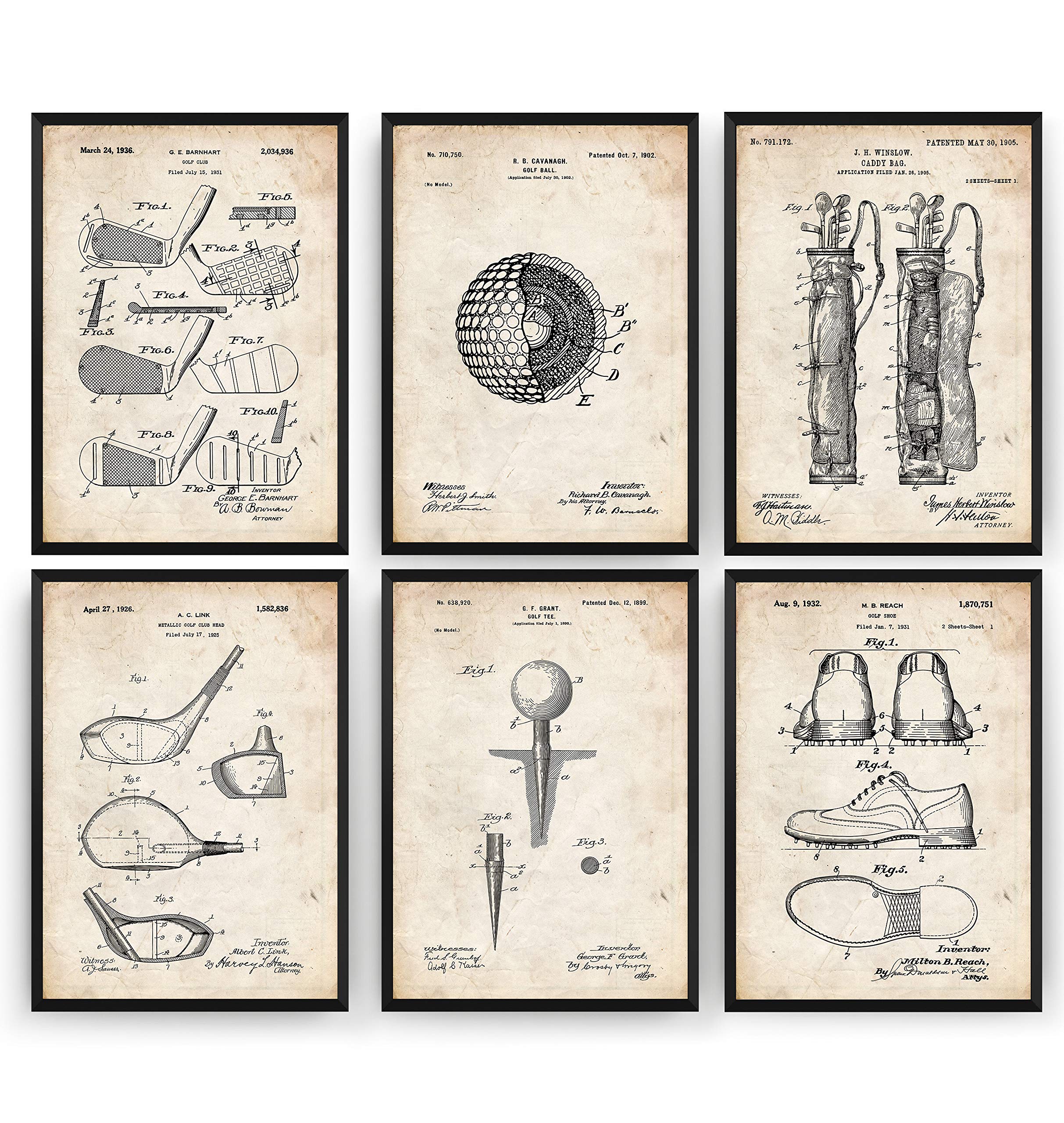 Magic Posters Golf Set Of 6 Patent Prints V2 - Golfer Poster Gift Blueprint Retro Wall Art Original Decor - Frame Not Included