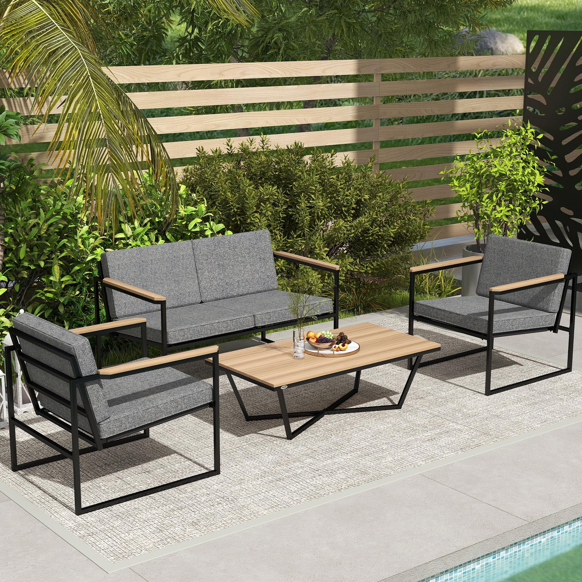 Outsunny Gartenmöbel Set Wetterfest für 4 Personen, 2er Sofa, Balkon Grau | 2 Stühle, Sitzkissen, Beistelltisch, Balkonmöbel-Set, Outdoor Sitzgruppe, Terrassenmöbel, Gartengarnitur, Garten, Terrasse