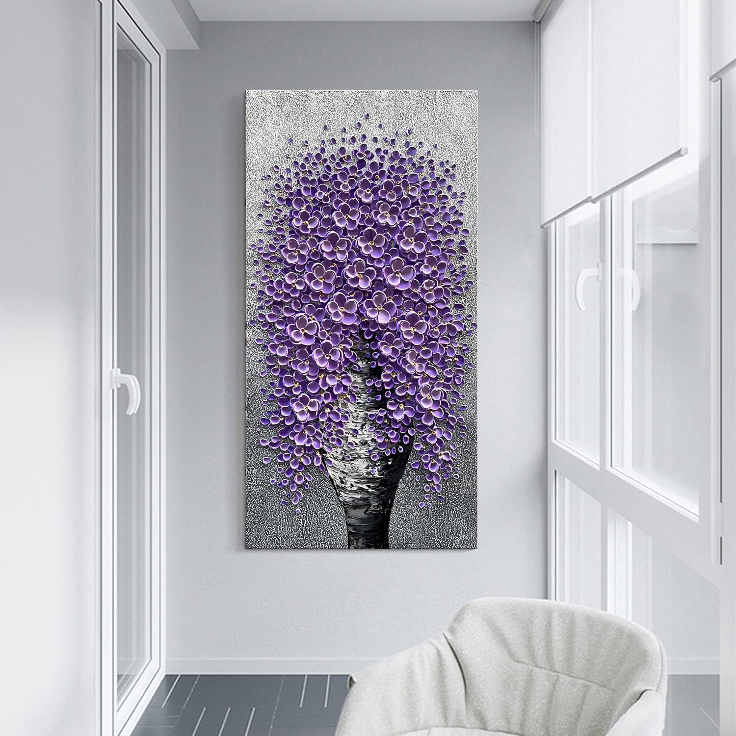 Epicler Hand-Painted Large Purple Flower Oil Painting Contemporary Abstract Home Furnishing Wall Decorative Art Painting Modern Canvas Art Works, 48 X 24 inch